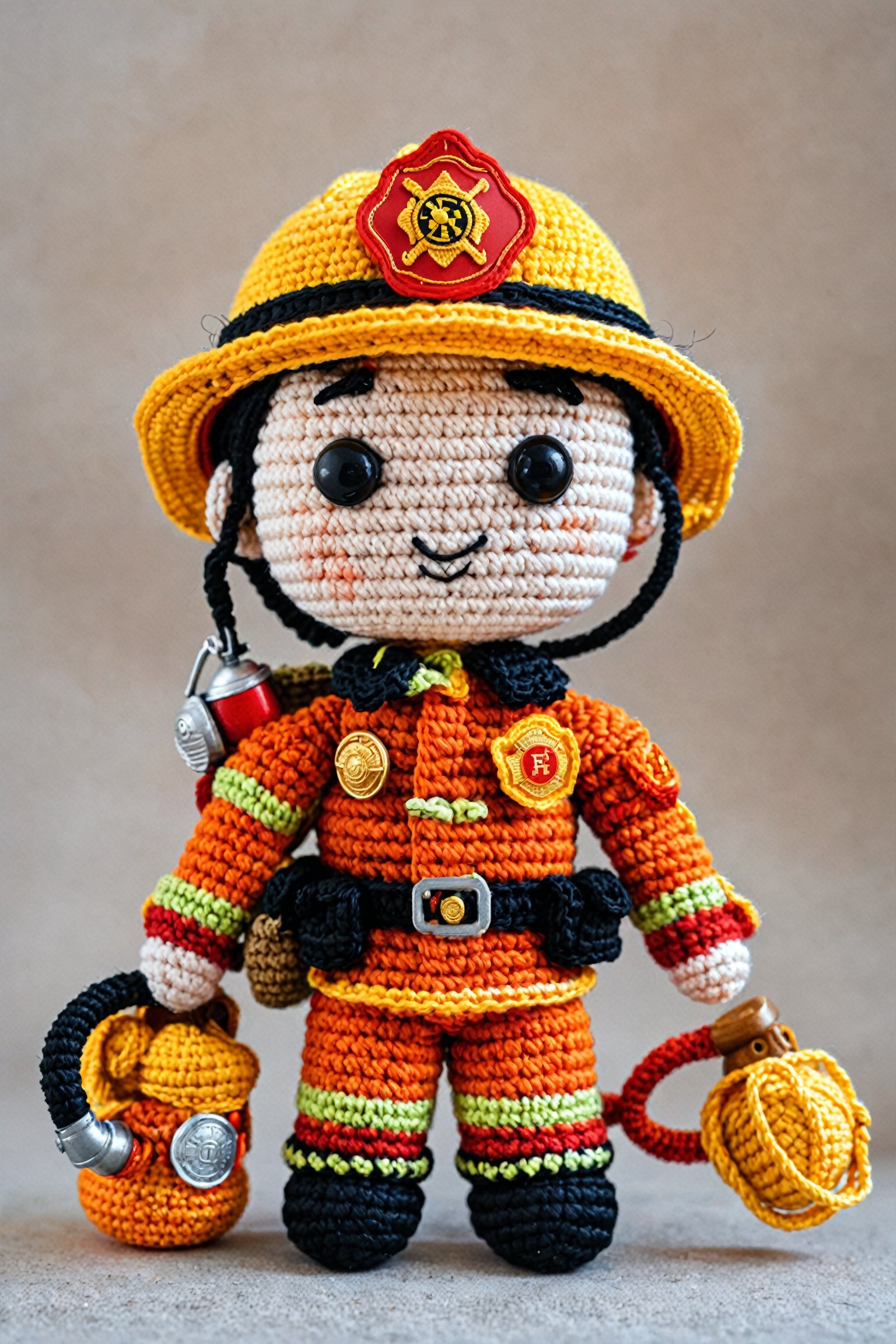 A crocheted toy resembling a firefighter. The toy has a round face with rosy cheeks, big black eyes, and a small mouth. It wears a vibrant orange and yellow firefighter uniform with a matching hat that features a badge. The toy also carries a miniature hose on its back. The crocheted texture is evident throughout, and the toy stands against a neutral background.