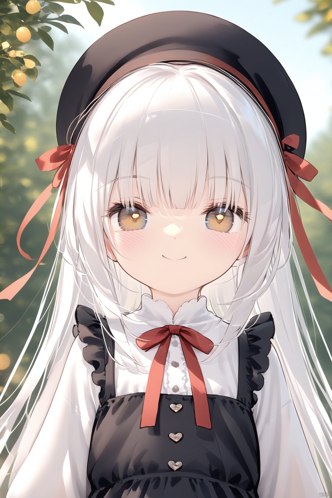 (masterpiece:1.1), (best quality:1.2), highres, original, extremely detailed wallpaper, official art,1girl, solo, long hair, (little_girl:1.2),(petite:1.1),bright_pupils,blue eyes,gothic_lolita,dress,loli,looking at viewer, blush, smile, bangs, white hair, shirt, long sleeves, hat, dress, ribbon, brown eyes, closed mouth, hair ribbon, upper body, outdoors, frills, blurry, red ribbon, black headwear, blurry background, loli