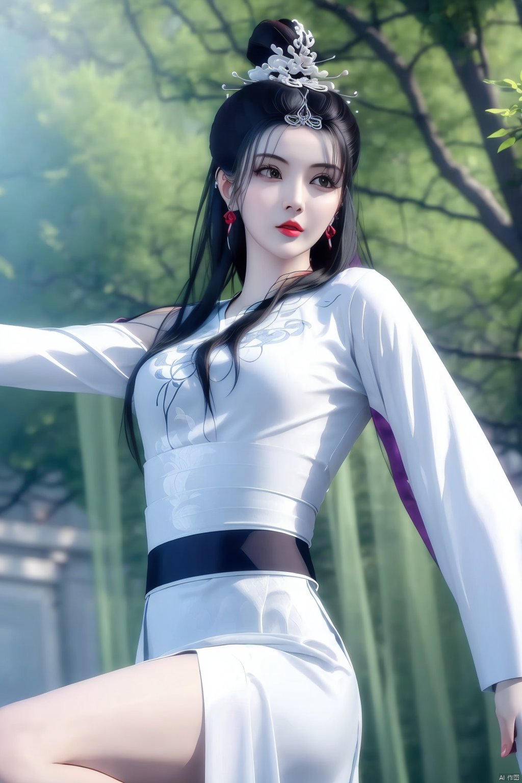 1 girl, solo, bust, front, looking at the audience, long hair, bun, black hair, hair accessories, jewelry, earrings, jewelry, black eyes, lips, Long sleeves, Chinese clothes, white dress, perspective, bare shoulders, green chest, embroidery, belt, dance, dance, multiple poses, flowers, trees,