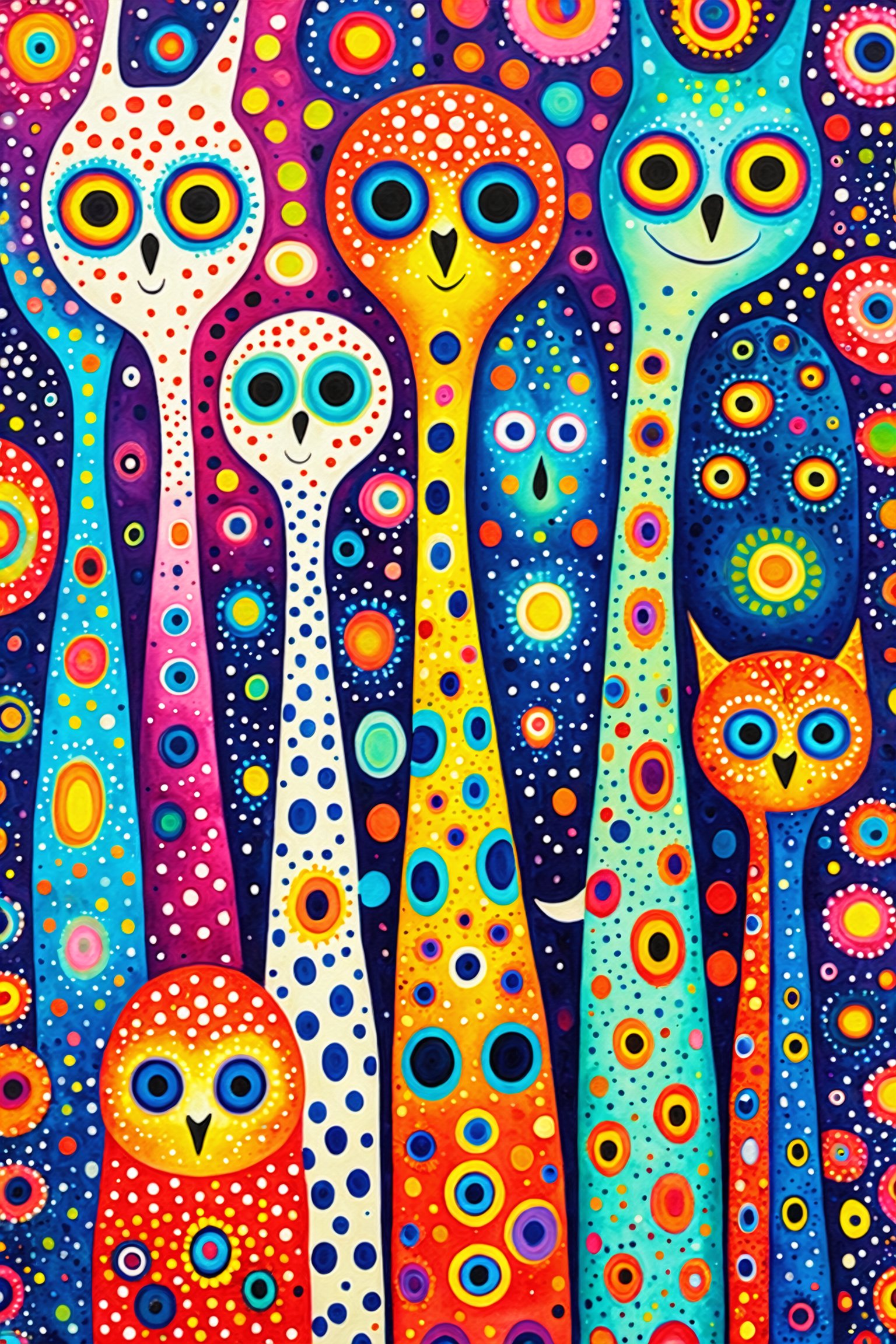 An array of elongated, abstract creatures with vibrant colors and unique patterns. These creatures have eyes of varying sizes and colors, and their bodies are adorned with dots, stripes, and other intricate designs. They seem to be standing close together, creating a sense of unity or community. The background is a mix of light colors with speckles, adding to the whimsical and dreamy atmosphere of the artwork.