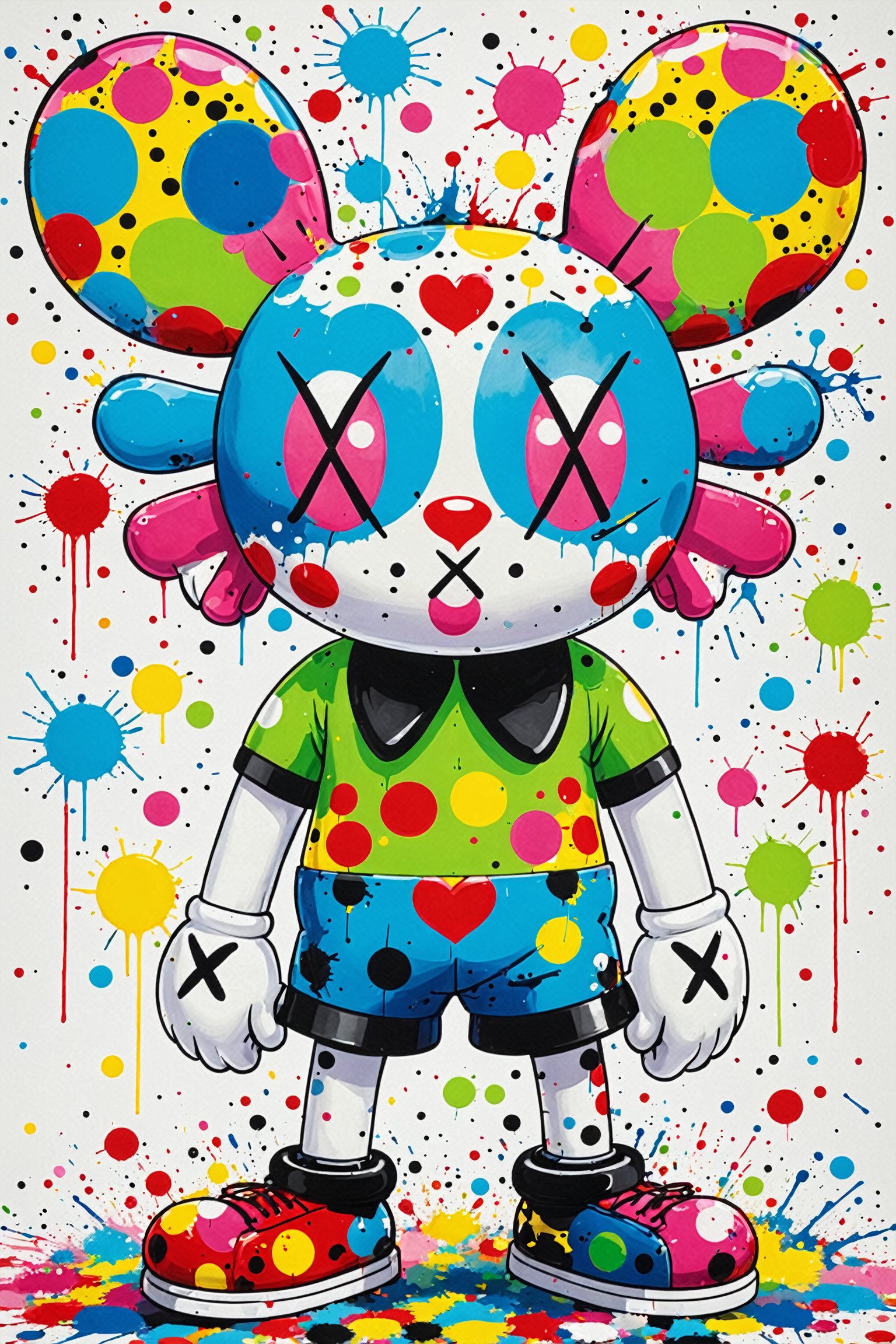 A vibrant and colorful cartoon-like character. The character has a round head adorned with two large, heart-shaped ears on either side. The face of the character is marked with black 'X's for eyes. The body is covered in a patchwork of various colored dots and splashes, with a mix of blue, green, red, yellow, and pink. The character wears white gloves with black 'X's on them, blue shorts with white dots, and shoes in multiple colors. The character stands on a white background with a splash of multicolored paint at the bottom.