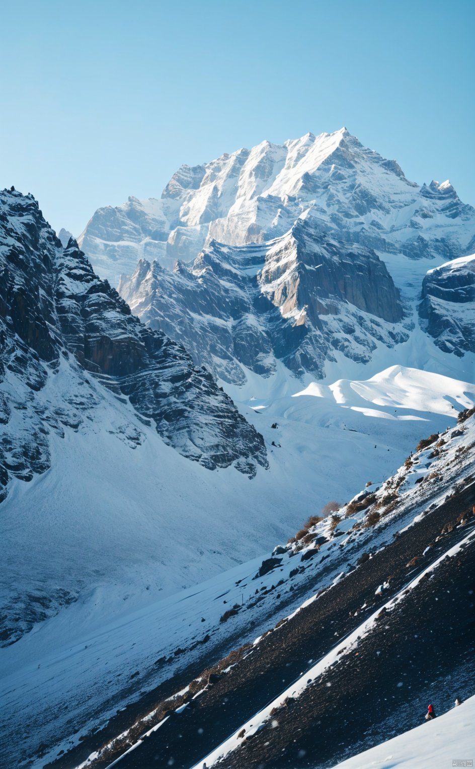 outdoors,sky,day,blue sky,no humans,scenery,snow,blue theme,mountain,, 8K,HDR,high resolution,(Masterpiece :1.3),(best quality :1.2),high quality,high detail,blurry background,