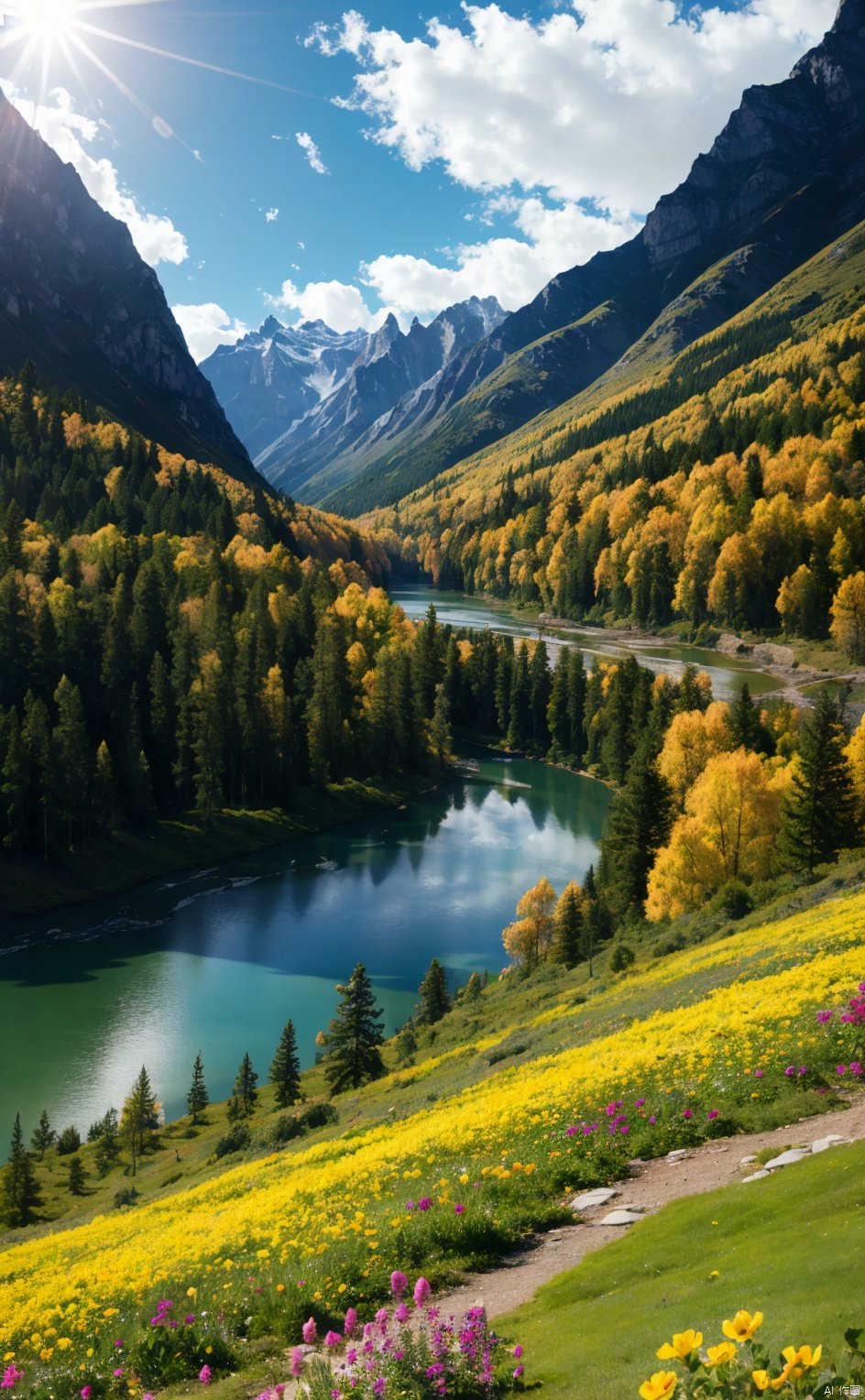 Mountains, lakes, clouds, flowers, sun, master composition, panorama