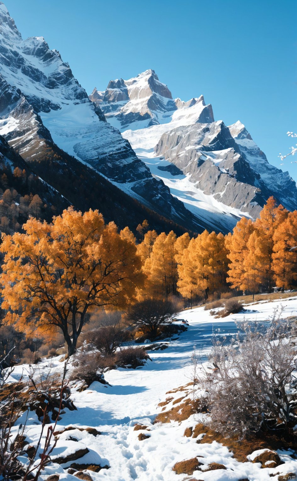 outdoors,sky,day,blue sky,no humans,scenery,snow,blue theme,mountain,, 8K,HDR,high resolution,(Masterpiece :1.3),(best quality :1.2),high quality,high detail,blurry background,