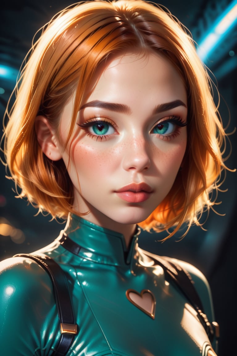 score_9, score_8_up, score_7_up, score_6_up, score_5_up, score_4_up score_9,score_8_up,  3D rendering, female character, digital art, photorealistic,scaled green body suit, heart shaped cutout, orange short bobbed hair,long eyelashes, subtle makeup, light skin, high-resolution image, soft lighting, dramatic lighting, spaceship background, science fiction, chiaroscuro, score_4_up