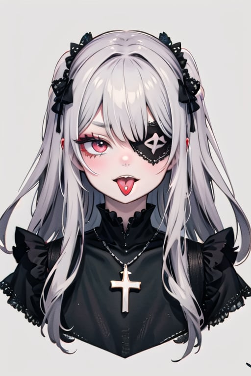 best quality, masterpiece, 1 girl, Solo, evil smile, (pale skin), looking at viewers, focus on face, (tongue piercing:1.1), jagged teeth, tongue out, droopy eye, red eye, (goth makeup, purple Eyeshadow and rip), long eyelashes, long lower eyelashes, swollen tear bag, white long hair, bangs bangs, long sideburns, cross necklace, (eye patch), black lace head dress, black lace gothic lolita dress,tongue piercing