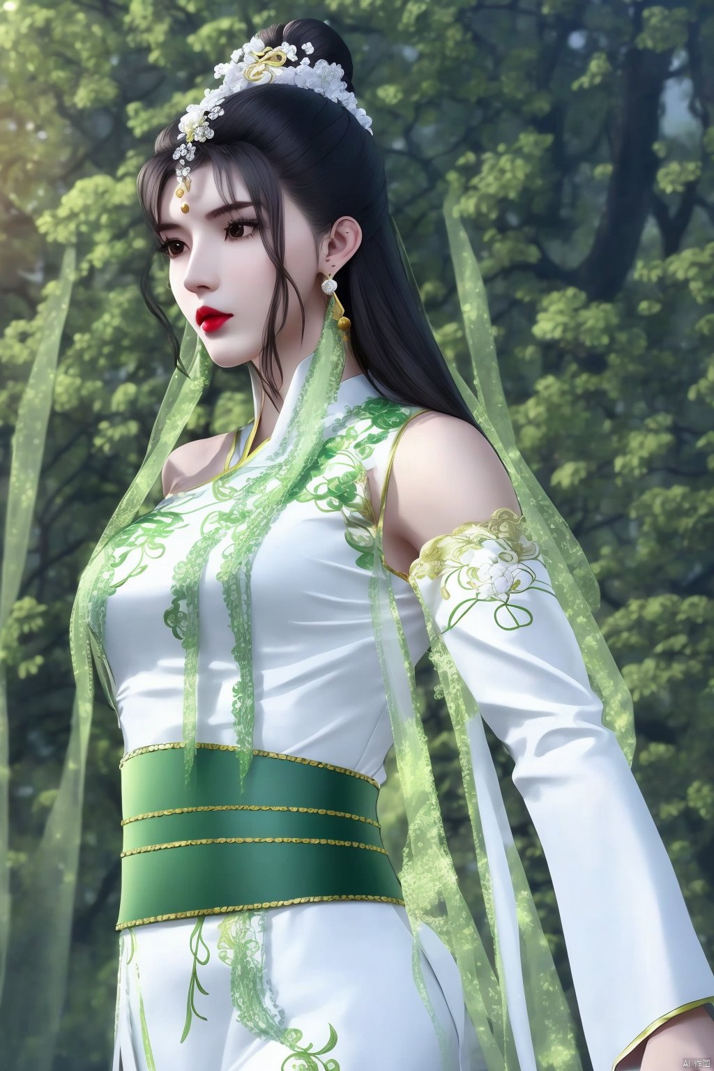 1 girl, solo, bust, front, looking at the audience, long hair, bun, black hair, hair accessories, jewelry, earrings, jewelry, black eyes, lips, Long sleeves, Chinese clothes, white dress, perspective, bare shoulders, green chest, embroidery, belt, dance, dance, multiple poses, flowers, trees,