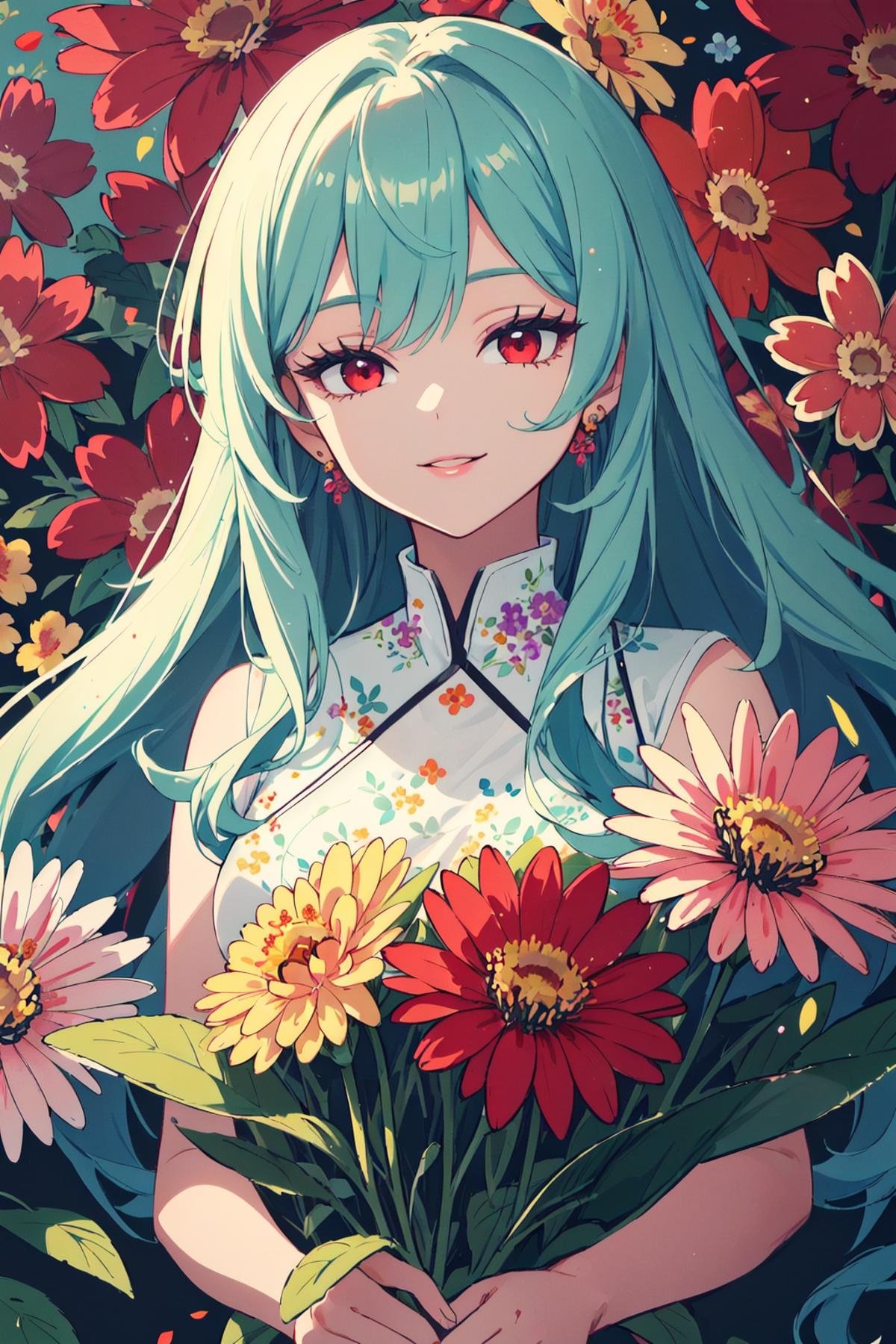 beautiful person, solo, long hair with curls at the ends, mint green hair, red eye, (smile:0.6), (all over flower garden:1.4), (Flower Effects:1.2), (Floral Background:1.2), (Background filled with flowers:1.4), (Flashy background:1.1), 