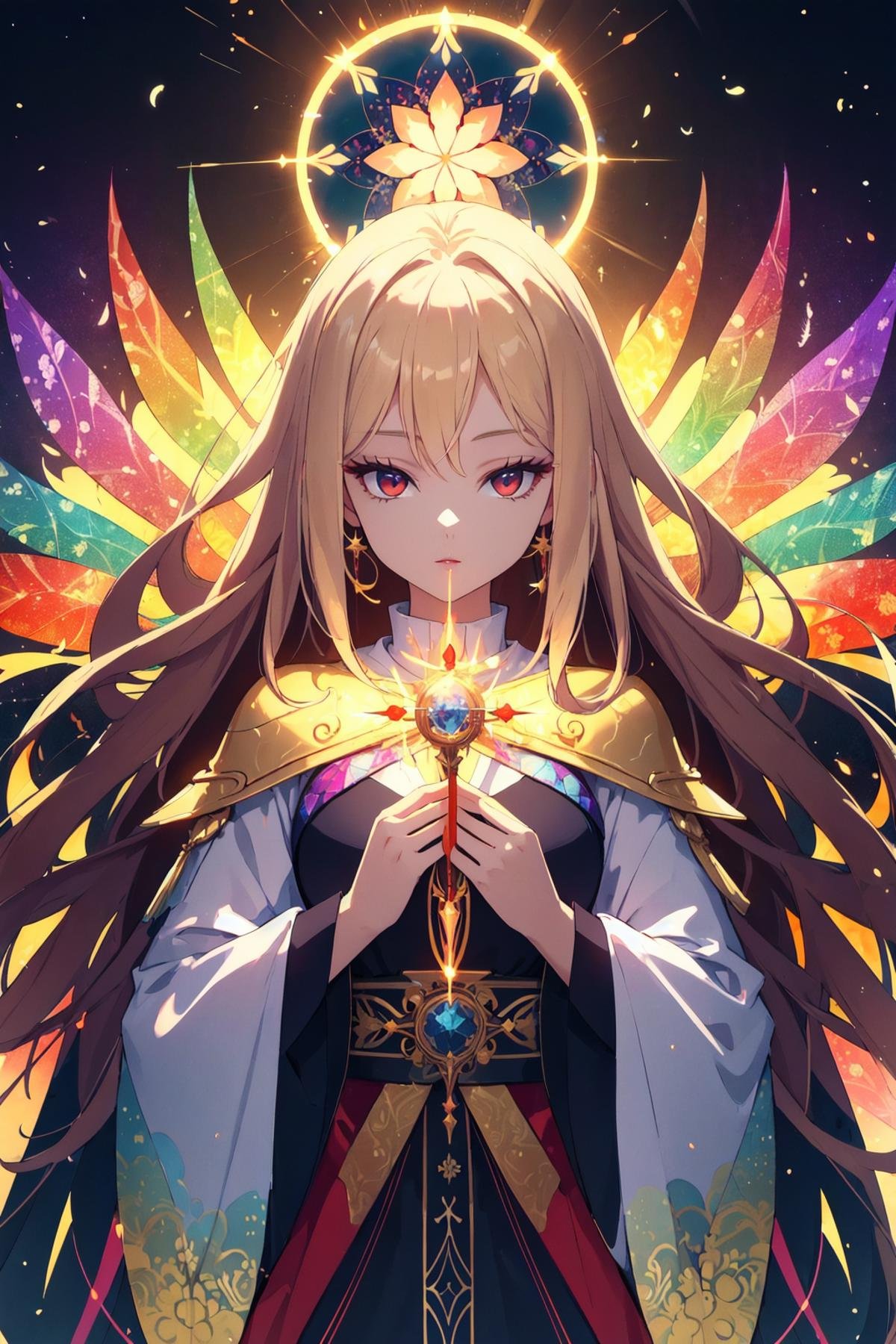 beautiful person,  long hair, blond hair, saintly woman,sacred garment, seraph, seraph six wing,cathedral, kaleidoscope,light effects, divine effects, feather effects,