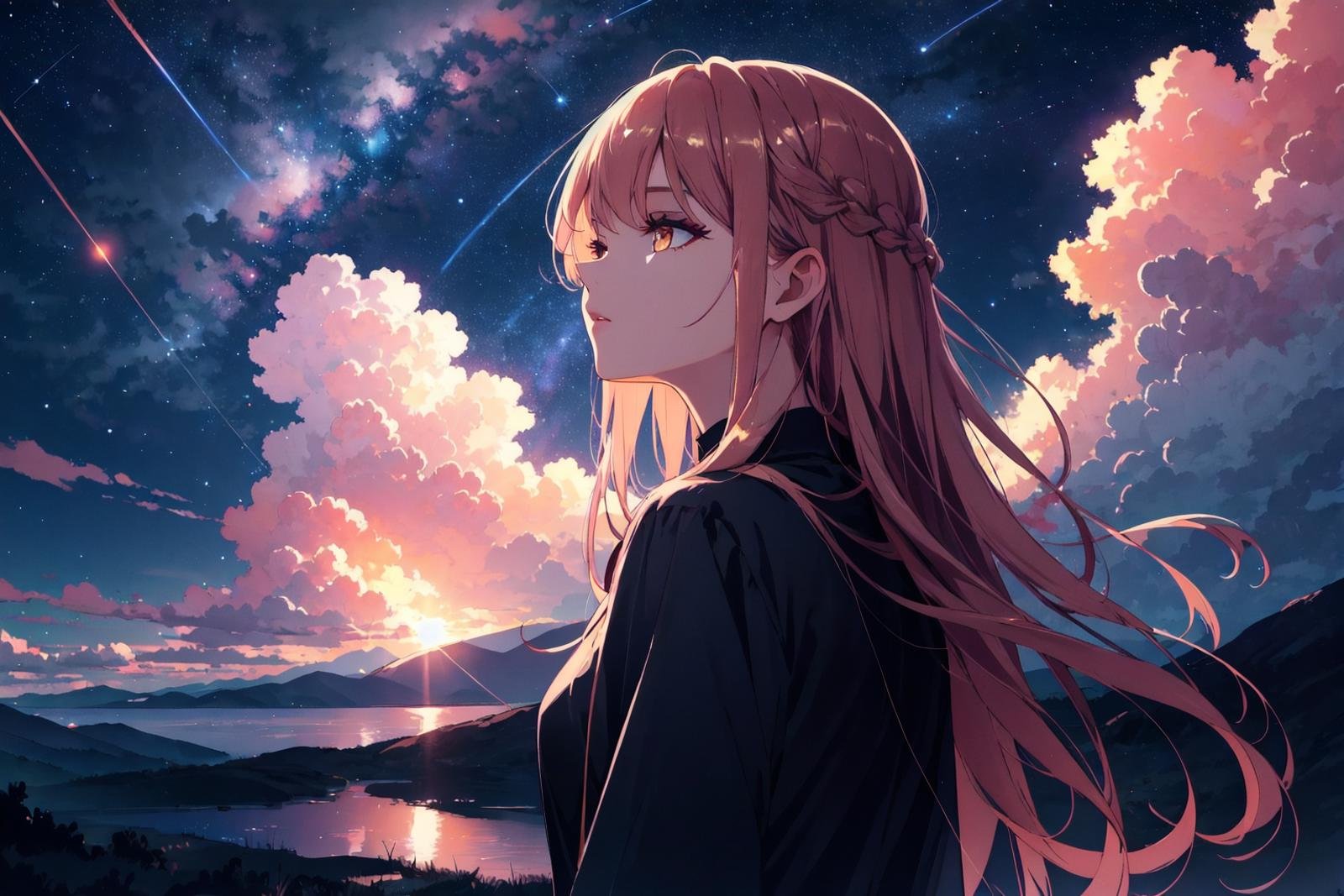 (close view:0.8),beautiful person, solo, long braided hair, rose gold hair, gold eye, shining sky, vast world, gazing, awe-inspiring expression, distant horizon, clouds, high hill, natural beauty, inspiration, night sky, Shining Stars,