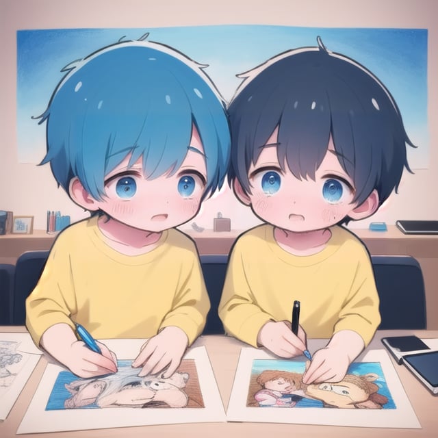 2 boys, bear cry Two boys hold pens and perform 4-color comic drawings in the style of electronic painting, expressing sensibility from specific angles and distances.