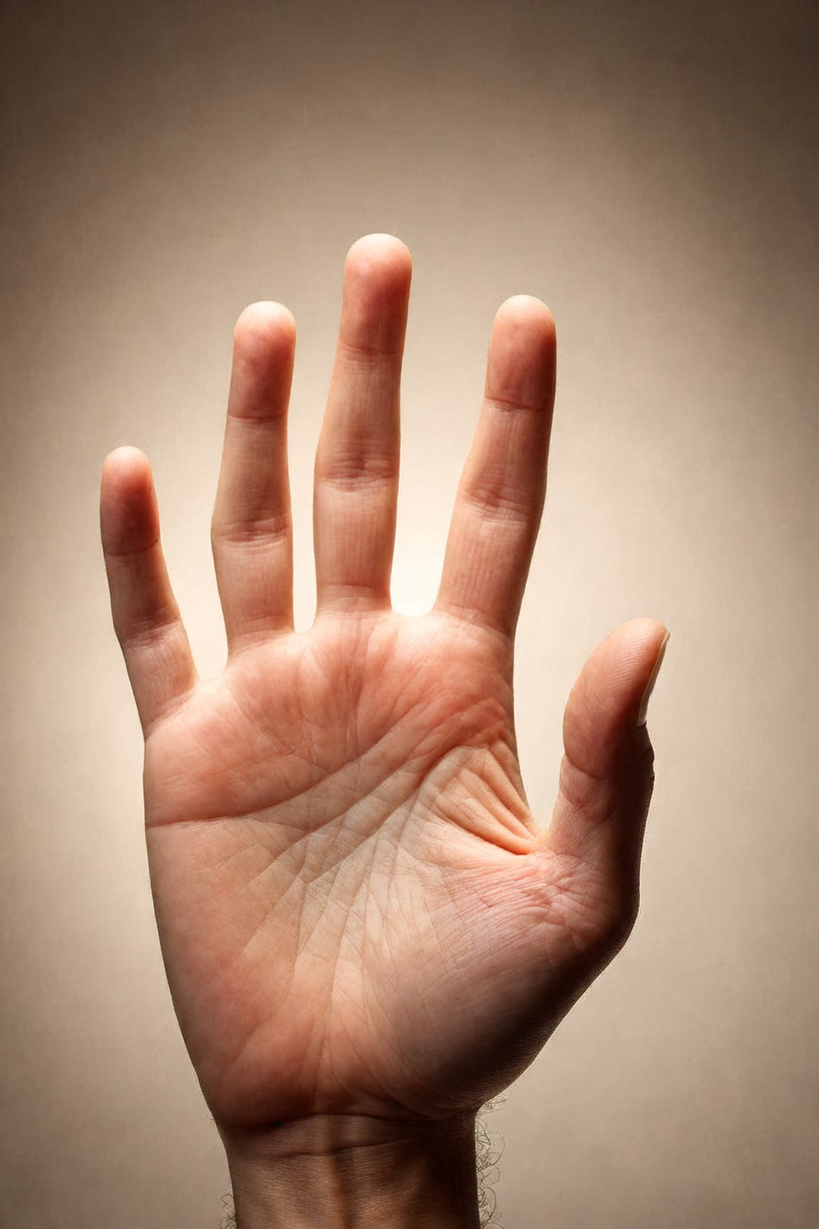 A close-up shot of a person's right hand, palm facing upwards, with the thumb held in a triumphant up gesture. The hand is placed on a worn wooden table, lit by soft overhead lighting that casts a warm glow. The surrounding environment is blurry, focusing attention solely on the uplifted hand and its optimistic expression. perfect finger, hand ,perfect finger