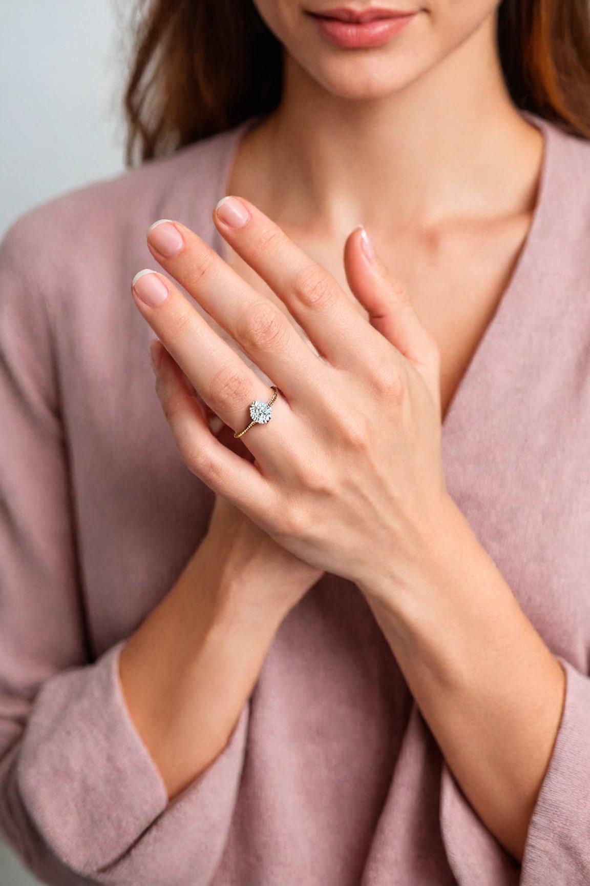 a woman holding her hands together with a ring on her finger
perfect finger, hand 