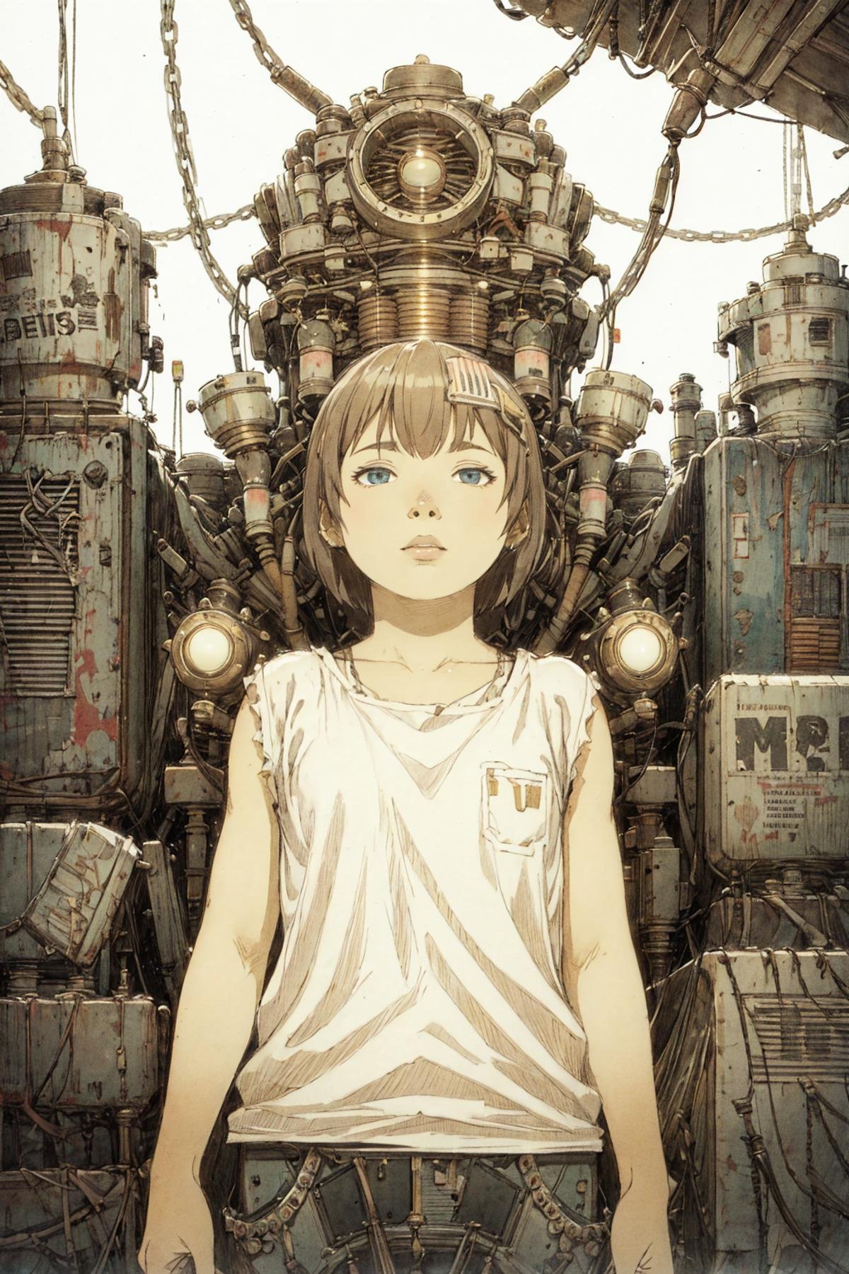 8k,absurdres, highres, ultra detailed, masterpiece, sharp shading,under,Tatsuyuki1girl,kid,abandon staion,monocolor,gaint machine,(obsolete machine:1.3),upper body, (solo:1.2),1girl,masterpiece,<lora:Tatsuyuki Tanaka-000009:0.7>  <lora:Migunov2:1> <lora:GoodHands-vanilla:1>