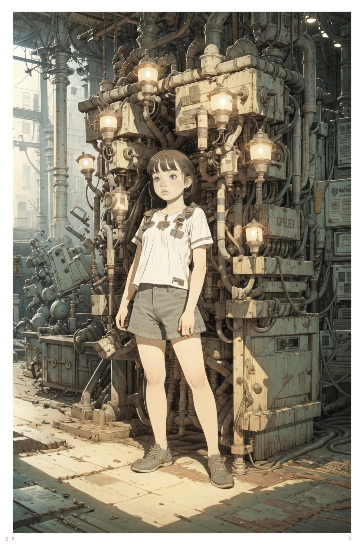 8k,absurdres, highres, ultra detailed, masterpiece, sharp shading,under,Tatsuyuki1girl,kid,abandon staion,monocolor,gaint machine,(obsolete machine:1.3)(solo:1.2),1girl,masterpiece,<lora:Tatsuyuki Tanaka-000009:0.7>  <lora:Migunov2:1> <lora:GoodHands-vanilla:1>