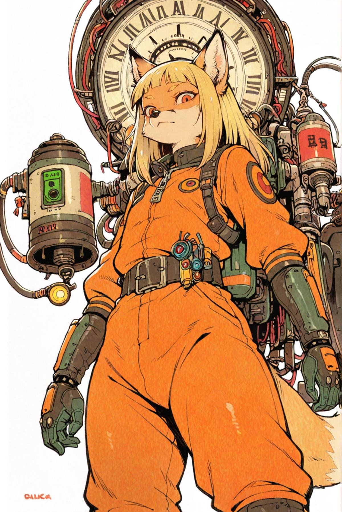 anthro fox girl,blonde,battle suit,machine and weapon,tube,lamp,clock,tatsuyuk,white background,from below,looking at viewer, cowboy shot, <lora:Perfect Hands:1> <lora:age_slider_v4:-3> <lora:pony_excessive5:0.3> <lora:tatsuyuk:0.7>, score_9, score_8_up, score_7_up, score_6_up, score_5_up, score_4_up,zPDXL