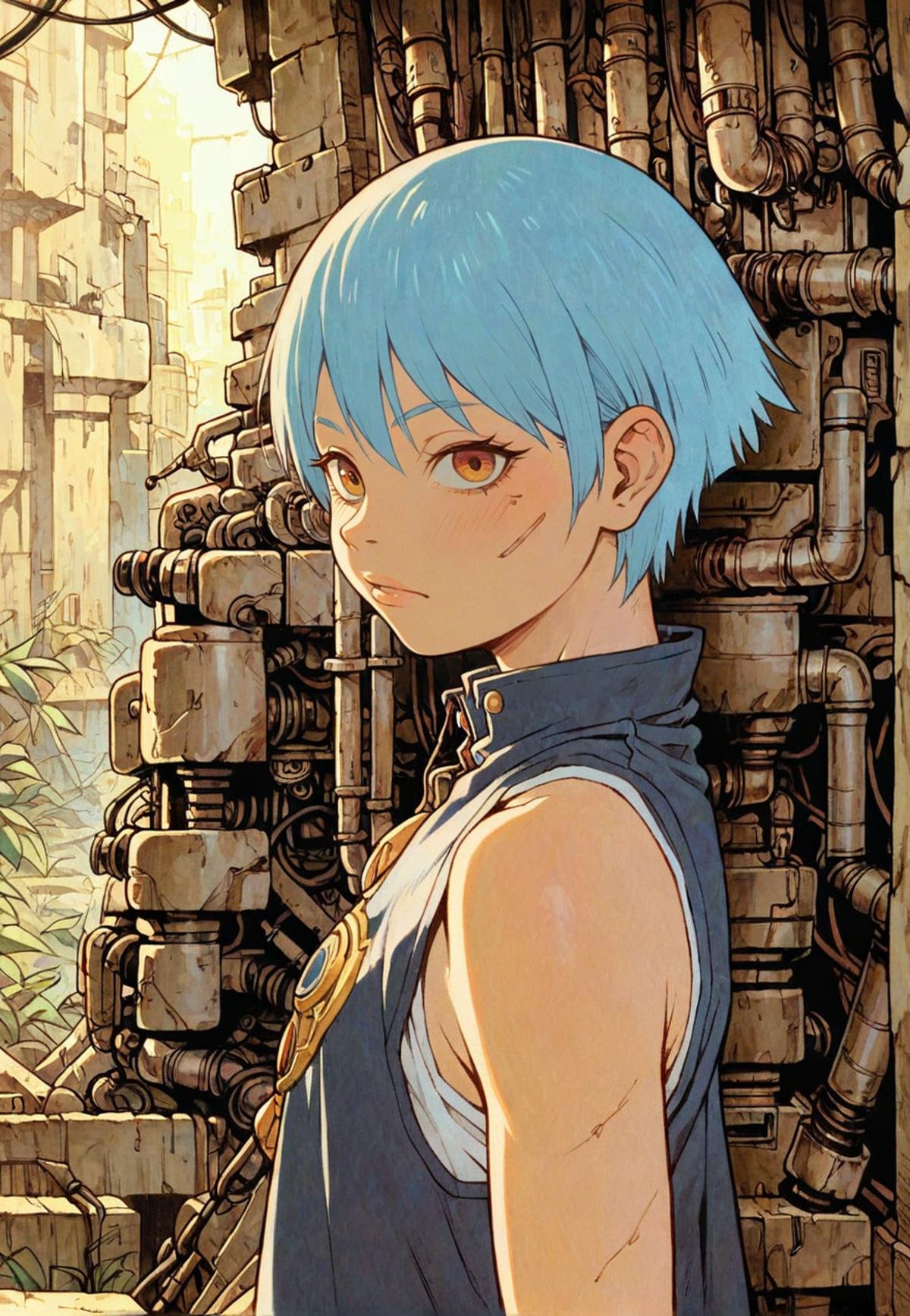 1girl,blue hair,upper body,ruins,obslete machine,tatsuyuk,looking at viewer, <lora:Perfect Hands:1>   <lora:age_slider_v4:-2>  <lora:tatsuyuk:0.8>, score_9, score_8_up, score_7_up, score_6_up, score_5_up, score_4_up,zPDXL