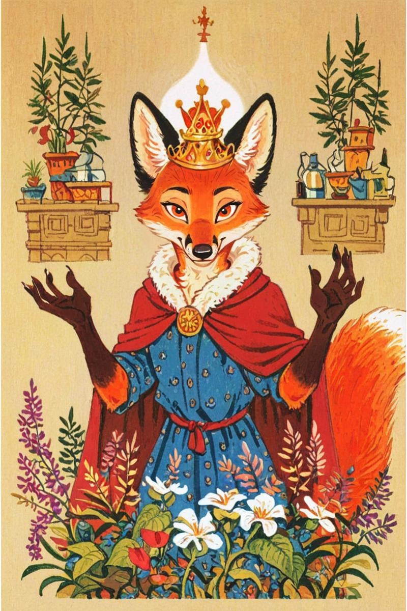 anthro fox girl,princess,(solo:1.5),imperial garden,crown,flowers and plantsTrepenok,cape,portrait,looking at viewer<lora:Trepenok:0.8>  <lora:age_slider_v4:-2> <lora:Perfect Hands:1>, score_9, score_8_up, score_7_up, score_6_up, score_5_up, score_4_up,zPDXL