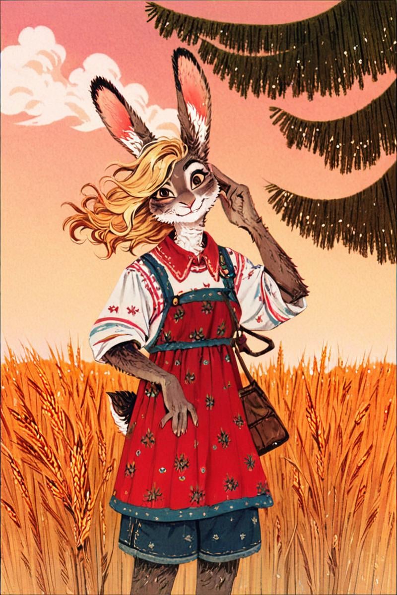 anthro rabbit girl,blonde,wheat field, tree,portrait,spring,looking at viewer,cowboy shot<lora:Perfect Hands:1>  <lora:Trepenok:1>, score_9, score_8_up, score_7_up, score_6_up, score_5_up, score_4_up,zPDXL