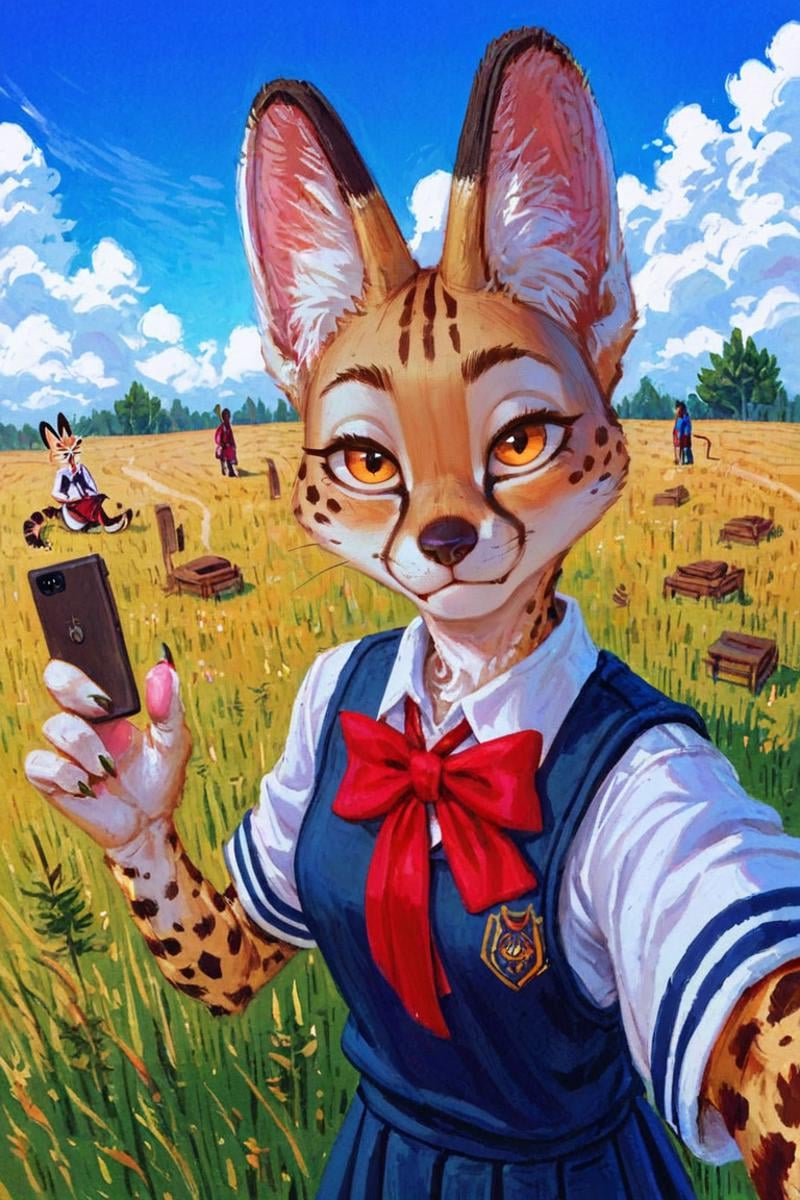 (anthro serval cat girl:1.2),blonde,portrait,looking at viewer,(solo:1.3)african savannah, grass,school uniform, selfie, cloud,blue sky<lora:Perfect Hands:1>  <lora:Trepenok:0.9> <lora:age_slider_v4:-2>, score_9, score_8_up, score_7_up, score_6_up, score_5_up, score_4_up,zPDXL