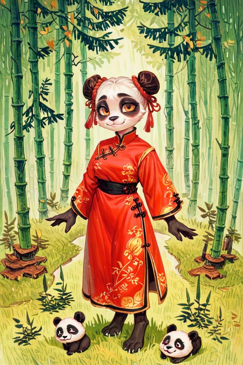 (anthro panda girl:1.2),double_bun,chinese clothes,portrait,looking at viewer,(solo:1.3)bamboo forest, grass<lora:Perfect Hands:1>  <lora:Trepenok:0.9> <lora:age_slider_v4:-2>, score_9, score_8_up, score_7_up, score_6_up, score_5_up, score_4_up,zPDXL