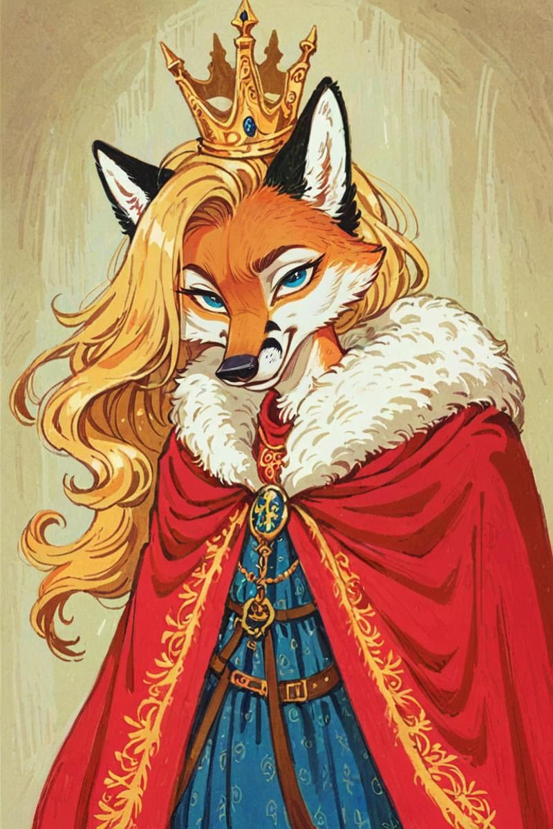 anthro fox girl,blonde hair,princess,(solo:1.5),imperial palace,crown, Trepenok,cape,portrait,looking at viewer, <lora:Trepenok:0.8>  <lora:age_slider_v4:-3> <lora:Perfect Hands:1>, score_9, score_8_up, score_7_up, score_6_up, score_5_up, score_4_up,zPDXL