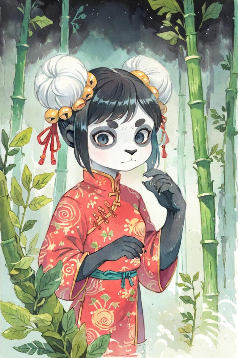 (anthro panda girl:1.4),(solo:1.5),double bun,black hair,ameli,looking at viewer,bamboo forest, deep dark night,chinese clothes,chinese commentary, portrait,  watercolor \(medium\), fur paws,black eyes<lora:Perfect Hands:1> <lora:age_slider_v4:-2> <lora:Ameli:0.9>, score_9, score_8_up, score_7_up, score_6_up, score_5_up, score_4_up,zPDXL