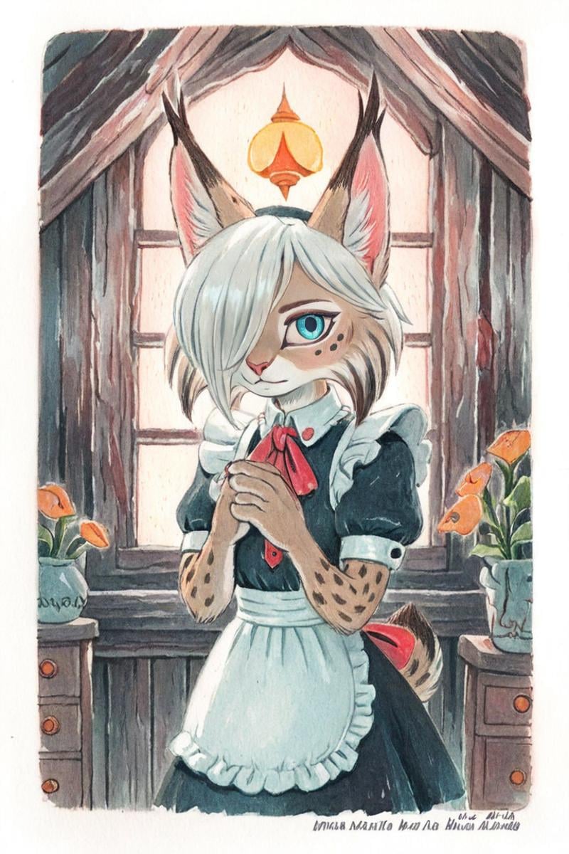 anthro lynx girl,maid outfit,white hair,blue eyes,Ameli,(solo:1.3)bang covering one eye,indoors,looking at viewer,traditional media<lora:Perfect Hands:1> <lora:Ameli:0.8>, score_9, score_8_up, score_7_up, score_6_up, score_5_up, score_4_up,zPDXL