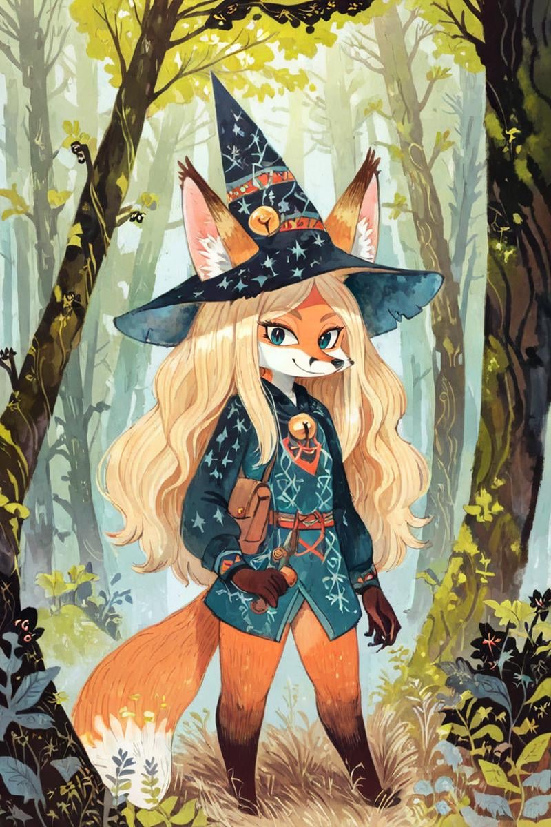 (anthro fox girl:1.4),(blonde hair:1.2),(solo:1.5),ameliforest,witch outfit and hat,grass,cowboy shot, looking at viewer, smile<lora:Perfect Hands:1> <lora:age_slider_v4:-2> <lora:Ameli:0.85>, score_9, score_8_up, score_7_up, score_6_up, score_5_up, score_4_up,zPDXL