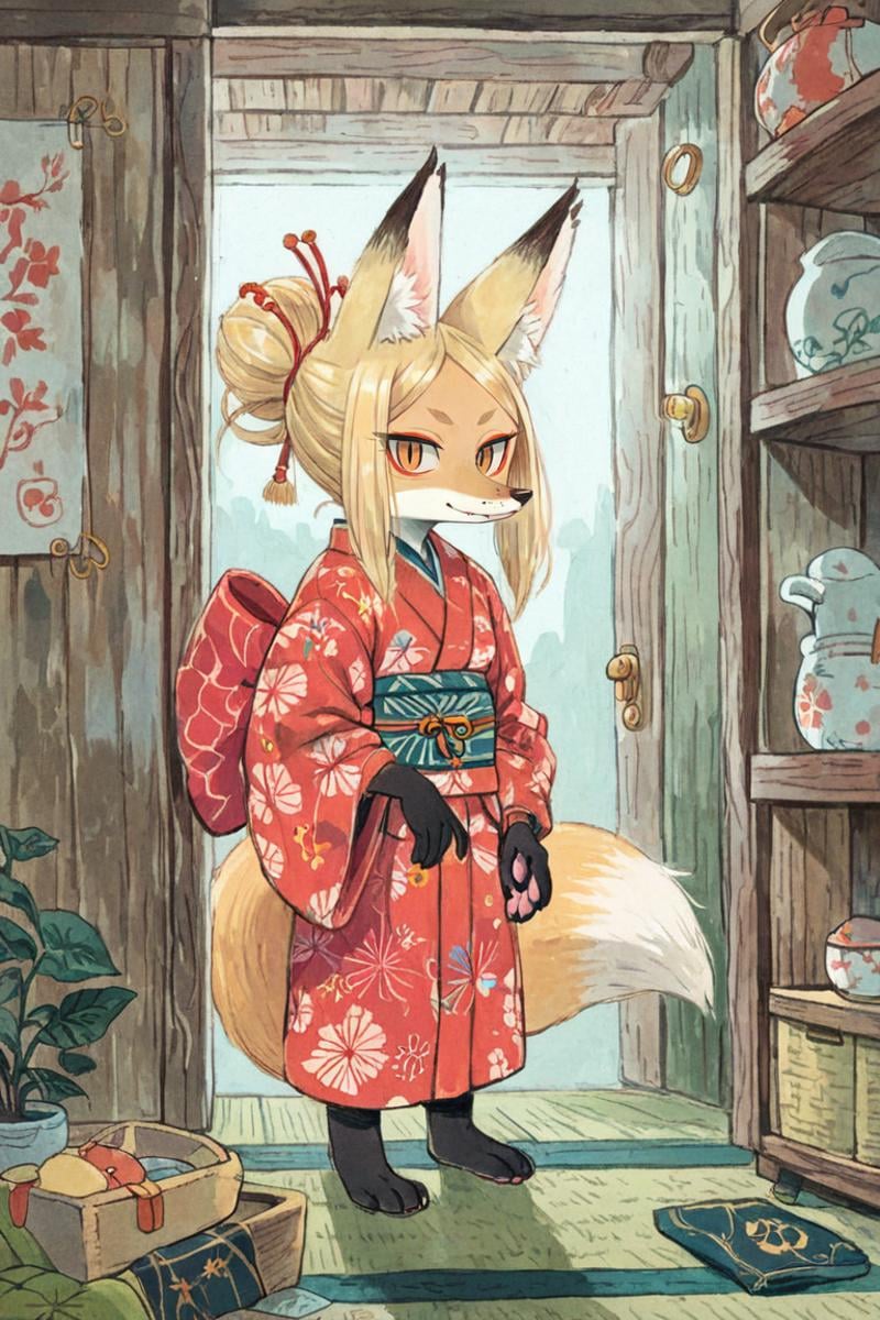 (anthro fox girl:1.4),(blonde hair:1.2),(solo:1.5),ameli,looking at viewer,indoors,tatamideep dark night,red Yukata,japanese clothes, paws,close-up<lora:Perfect Hands:1> <lora:age_slider_v4:-2> <lora:Ameli:0.8>, score_9, score_8_up, score_7_up, score_6_up, score_5_up, score_4_up,zPDXL