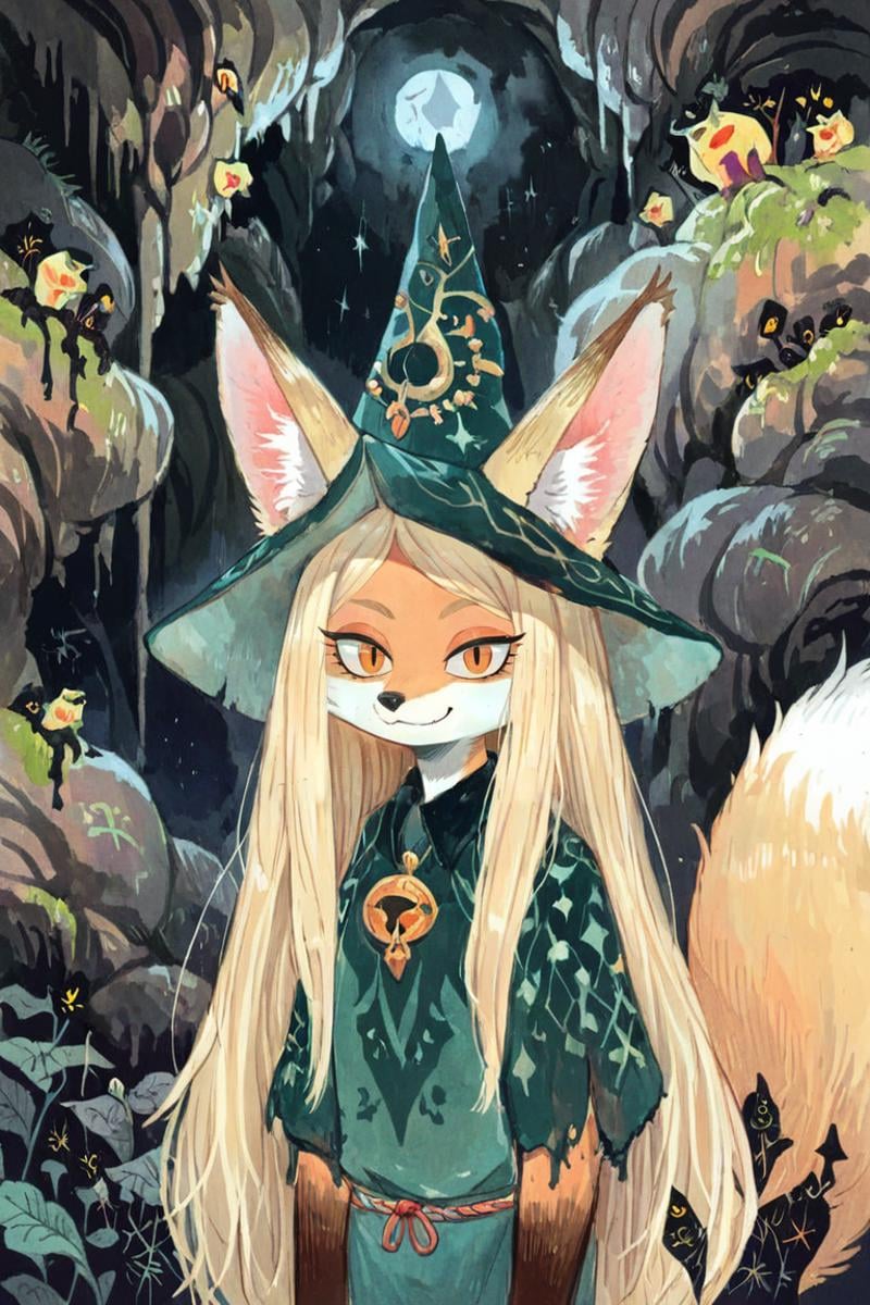 (anthro fox girl:1.4),(blonde hair:1.2),(solo:1.5),ameli,smile,alinedeep dark night cave,green witch outfit and hat,close-up, looking at viewer<lora:Perfect Hands:1> <lora:age_slider_v4:-2> <lora:Ameli:0.85>, score_9, score_8_up, score_7_up, score_6_up, score_5_up, score_4_up,zPDXL