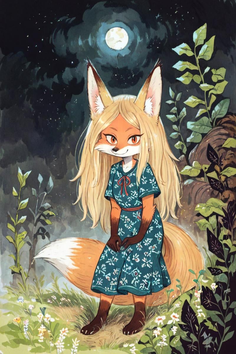 (anthro fox girl:1.4),(blonde hair:1.2),(solo:1.5),ameli,smile,grassdeep dark night,casual dress,looking at viewer,(wariza:1.2)<lora:Perfect Hands:1> <lora:age_slider_v4:-2> <lora:Ameli:0.85>, score_9, score_8_up, score_7_up, score_6_up, score_5_up, score_4_up,zPDXL