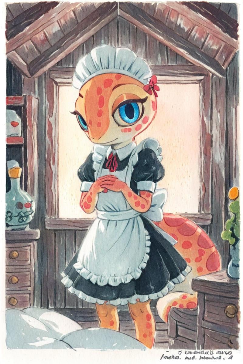 anthro gecko girl,maid outfit,straight hair,blue eyes,Ameli,(solo:1.3)bang covering one eye,indoors,looking at viewer,traditional media<lora:Perfect Hands:1> <lora:Ameli:0.8>, score_9, score_8_up, score_7_up, score_6_up, score_5_up, score_4_up,zPDXL