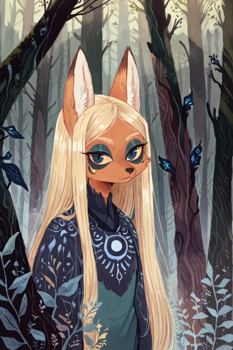 anthro fox girl,princess,(blonde hair:1.2),(solo:1.5),(dark night forest:1.3),ameli,portrait, <lora:Perfect Hands:1><lora:age_slider_v4:-1> <lora:Ameli:0.8>, score_9, score_8_up, score_7_up, score_6_up, score_5_up, score_4_up,zPDXL