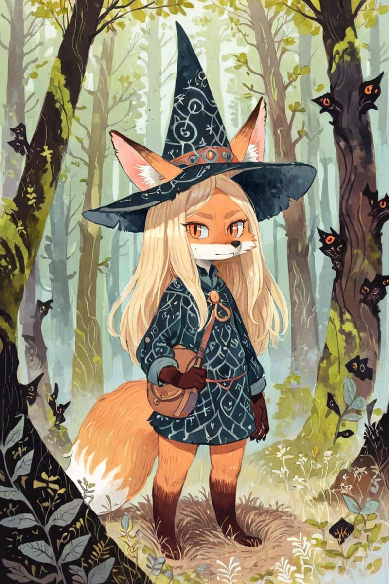 (anthro fox girl:1.4),(blonde hair:1.2),(solo:1.5),ameliforest,witch outfit and hat,grass,cowboy shot, <lora:Perfect Hands:1> <lora:age_slider_v4:-2> <lora:Ameli:0.8>, score_9, score_8_up, score_7_up, score_6_up, score_5_up, score_4_up,zPDXL