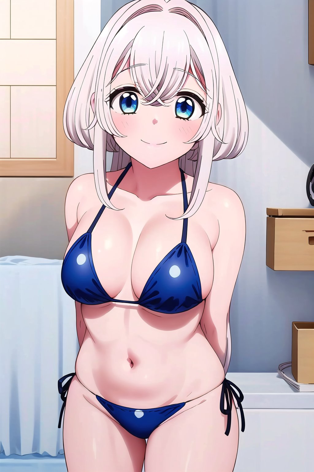 Towa, 1girl, solo, long hair, looking at viewer, smile, blue eyes, shirt, hair between eyes, closed mouth, collarbone, white hair, sidelocks, hair intakes, crossed bangs, dot nose, masterpiece, best quality, highres, collarbone, , indoors, cowboy shot, standing, smile, string bikini, black_string_bikini, arms behind back, curvy_figure,