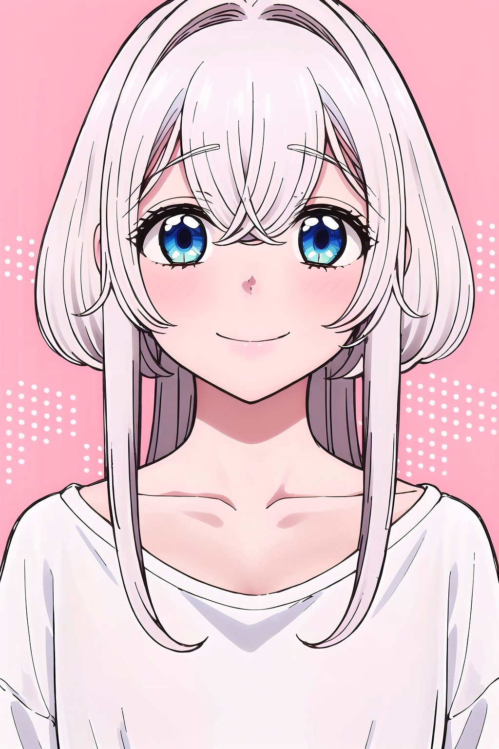 Towa, 1girl, solo, long hair, looking at viewer, smile, blue eyes, shirt, hair between eyes, closed mouth, collarbone, white shirt, upper body, white hair, sidelocks, hair intakes, portrait, crossed bangs, dot nose