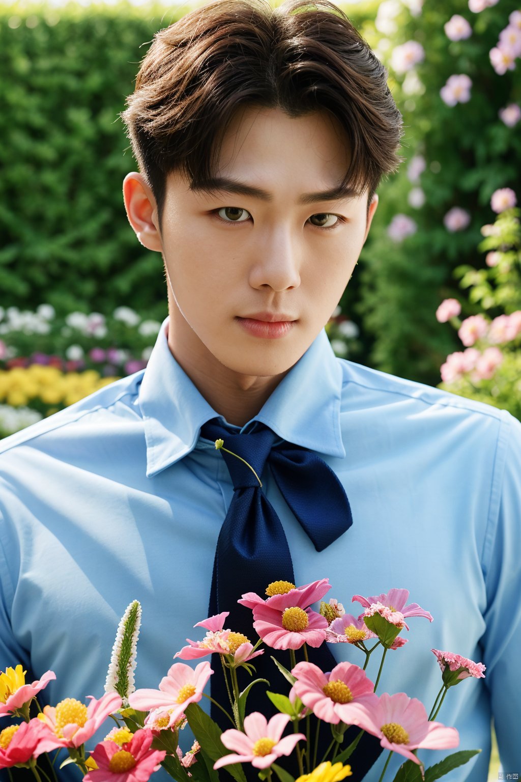 masterpiece,1 Boy,Look at the audience,detailed gorgeous face,Muscular development,Shirt,Tie,in summer,Garden,Flowers,realistic,best quality,ccurate,