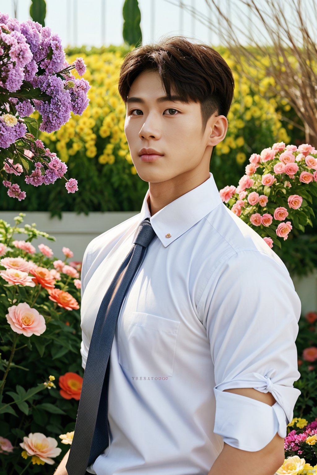 masterpiece,1 Boy,Look at the audience,detailed gorgeous face,Muscular development,Shirt,Tie,in summer,Garden,Flowers,realistic,best quality,ccurate,