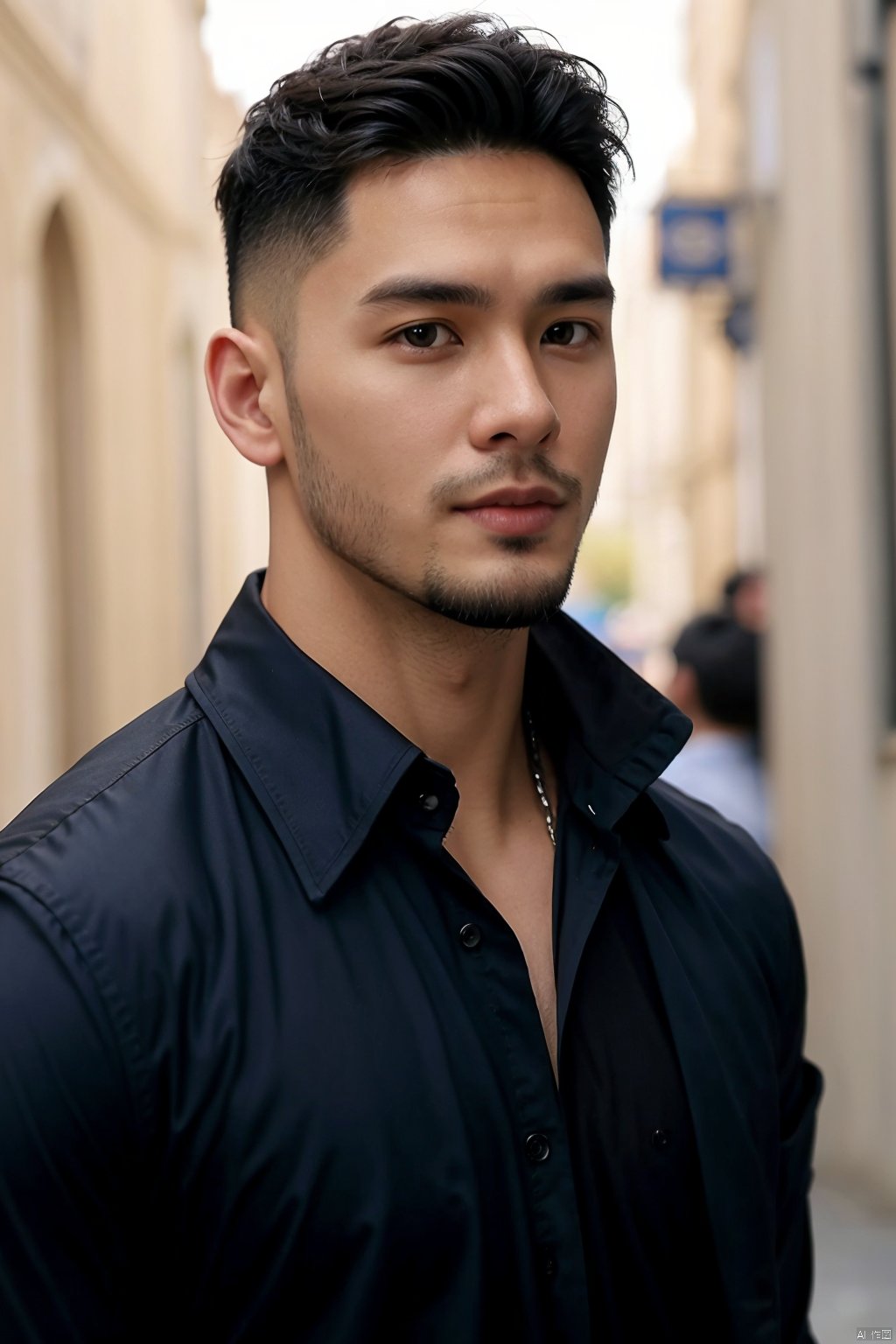 solo, shirt, black hair, 1boy, jacket, upper body, male focus, blurry, black shirt, blurry background, facial hair, beard, realistic