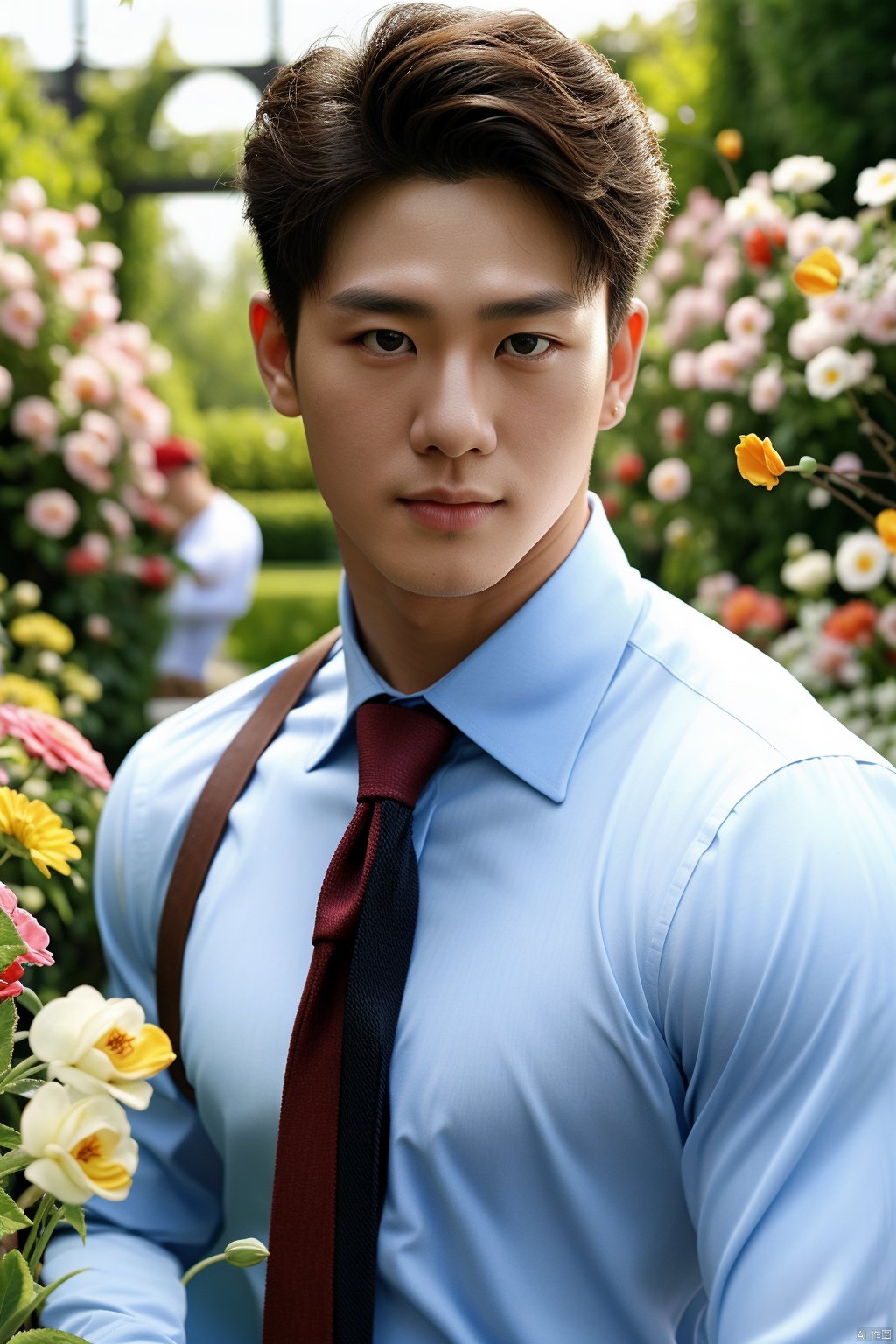 masterpiece,1 Boy,Look at the audience,detailed gorgeous face,Muscular development,Shirt,Tie,in summer,Garden,Flowers,realistic,best quality,ccurate,