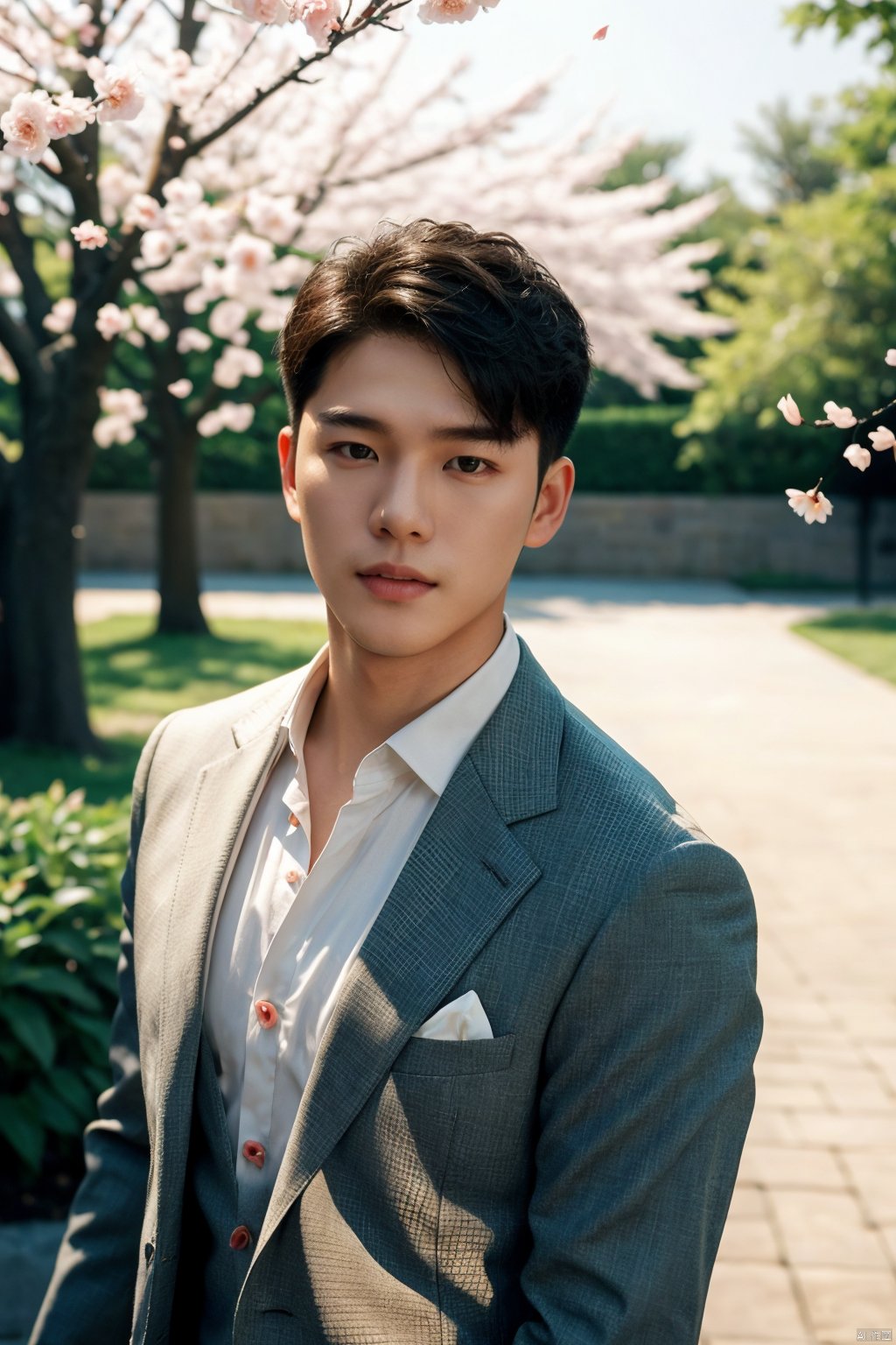 masterpiece,1 boy,18 years old,Look at me,Business suit,Lovely,Short hair,Korean men's hair,Aisle,Spring,Peach tree,Falling petals,textured skin,super detail,best quality,Cinematic Lighting,Tyndall effect,