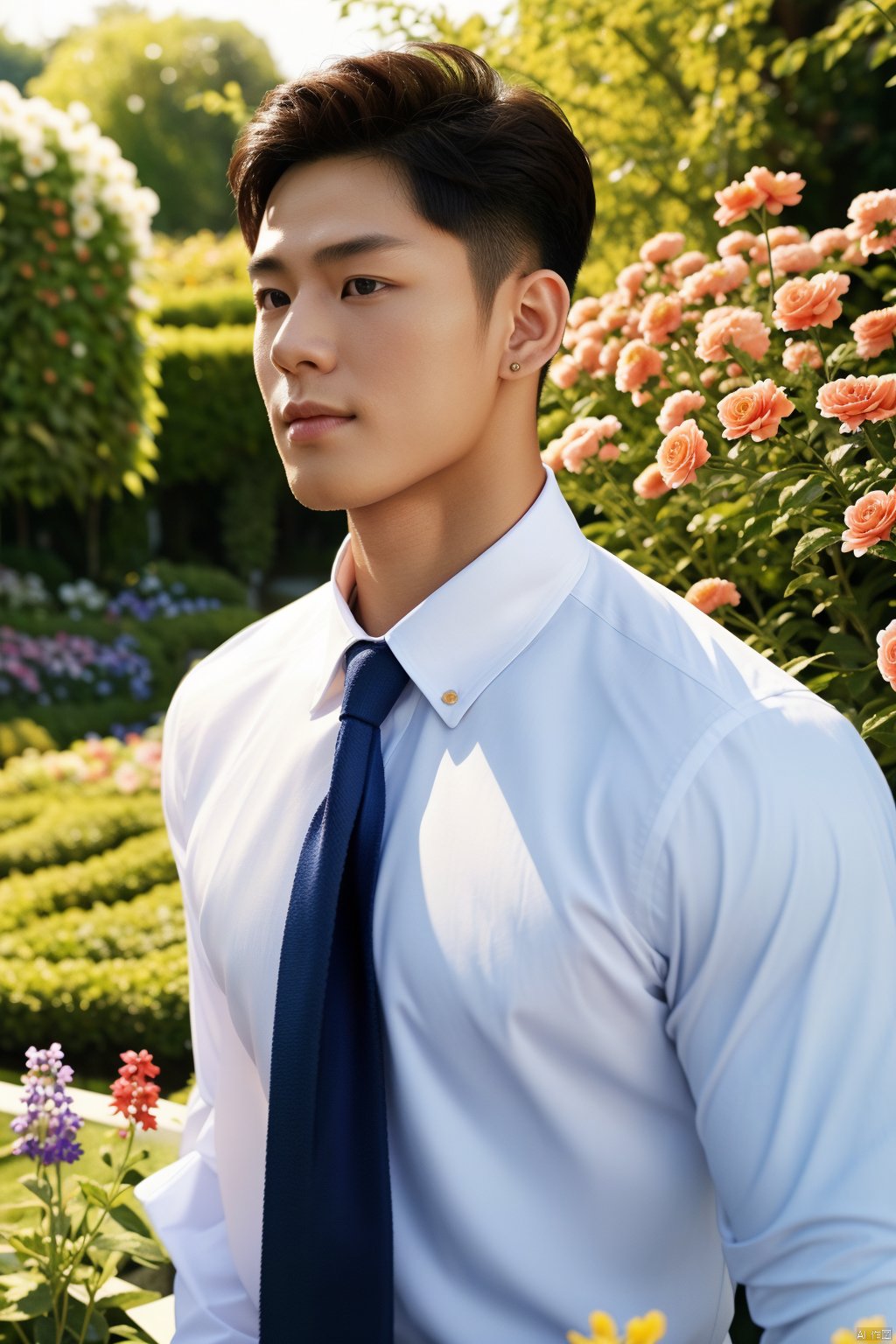 masterpiece,1 Boy,Look at the audience,detailed gorgeous face,Muscular development,Shirt,Tie,in summer,Garden,Flowers,realistic,best quality,ccurate,