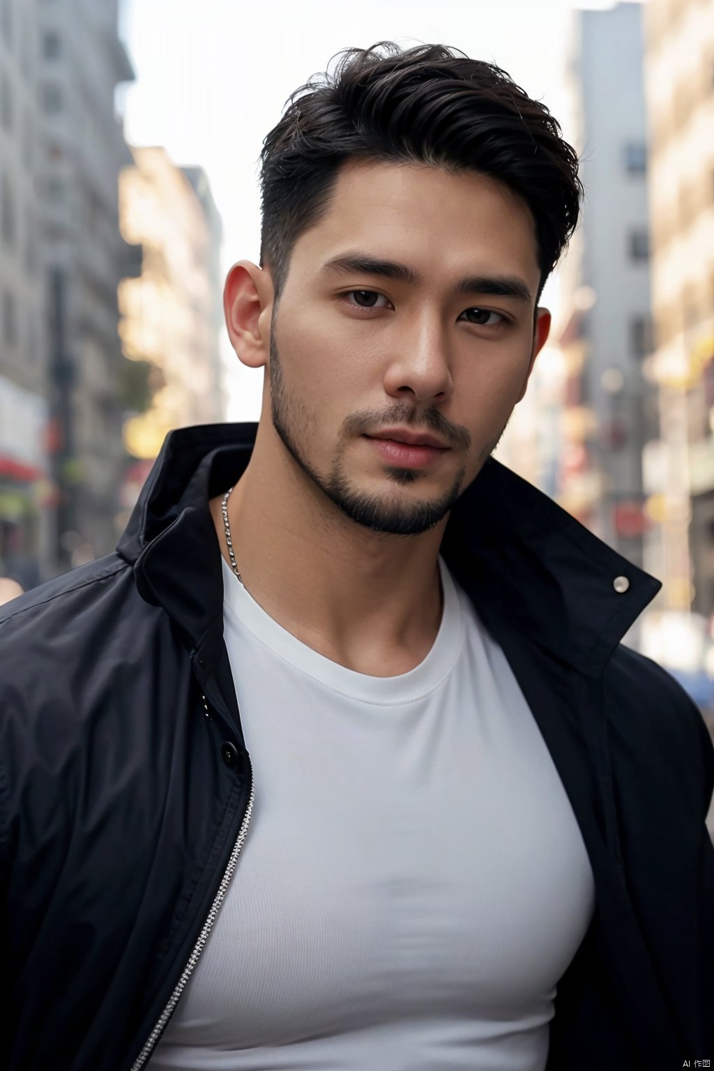 solo, shirt, black hair, 1boy, jacket, upper body, male focus, blurry, black shirt, blurry background, facial hair, beard, realistic