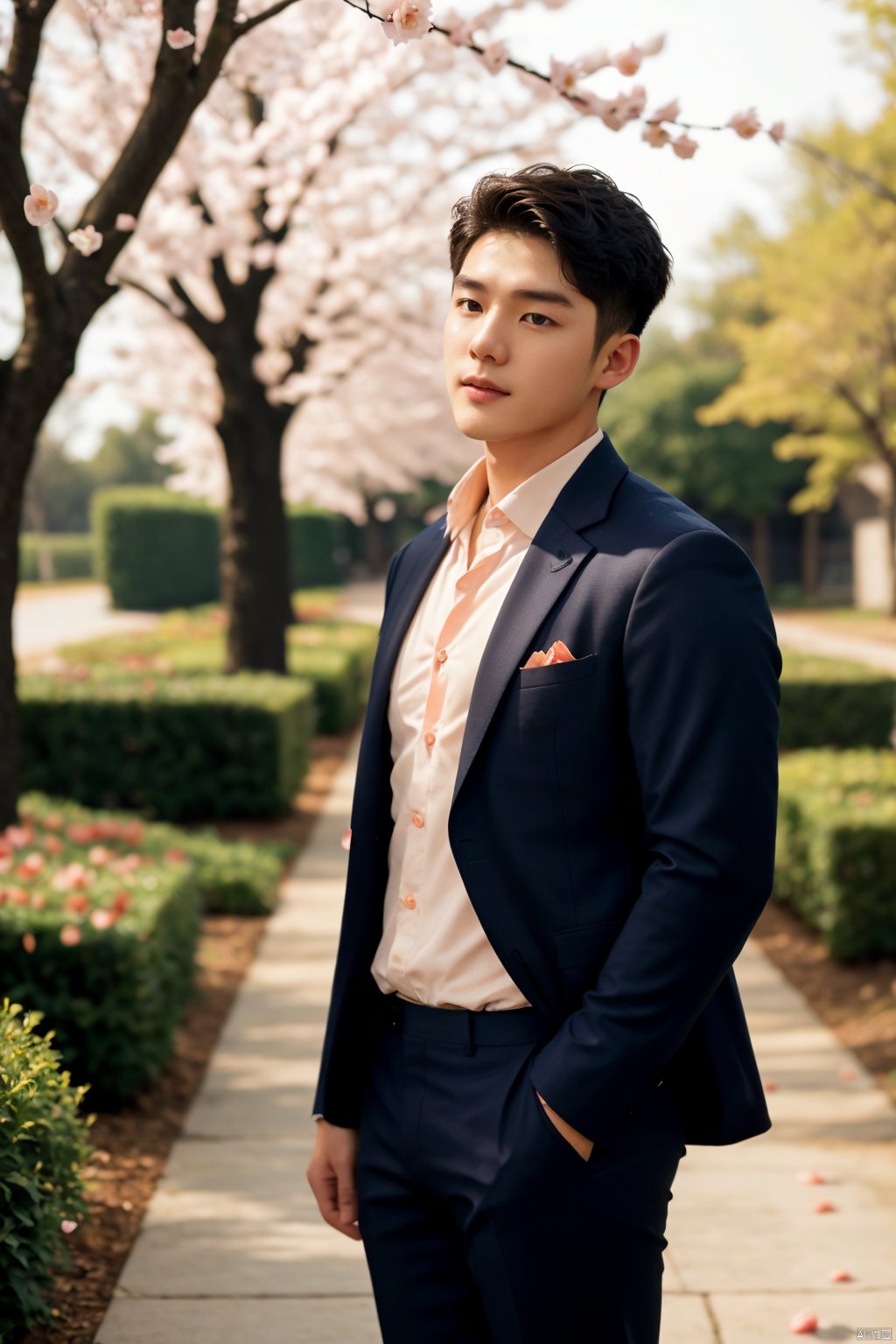 masterpiece,1 boy,18 years old,Look at me,Business suit,Lovely,Short hair,Korean men's hair,Aisle,Spring,Peach tree,Falling petals,textured skin,super detail,best quality,Cinematic Lighting,Tyndall effect,