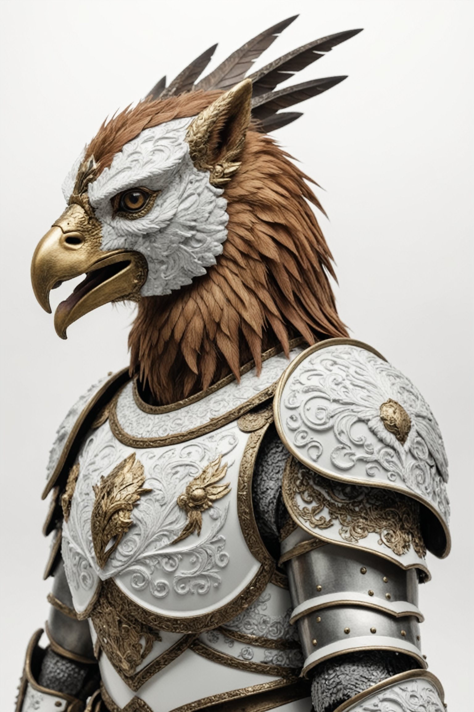 photo, a griffin, intricate armor, white background absurdres