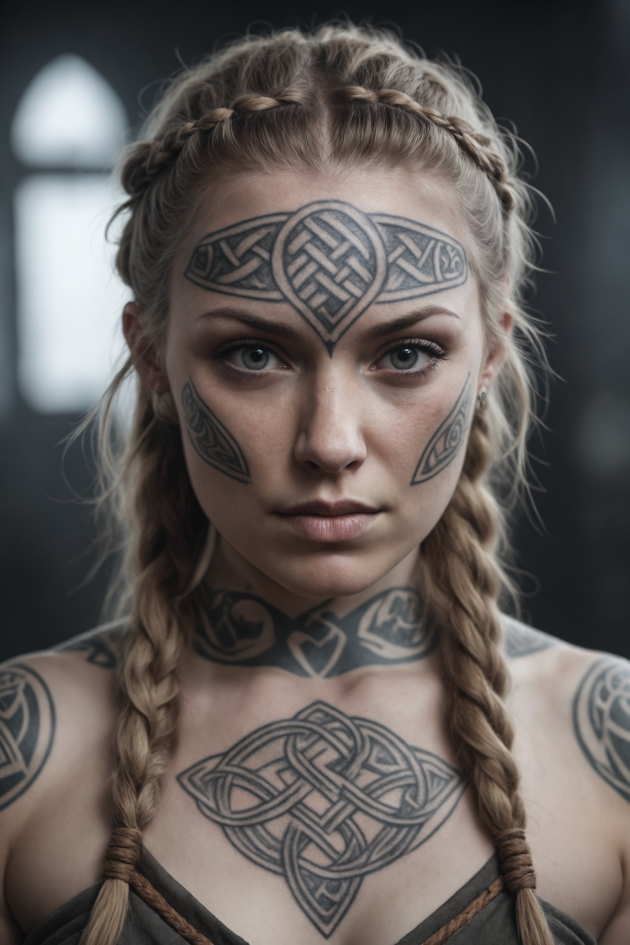 cinematic, face portrait, woman, absurdres, knotwork, viking, tattoo