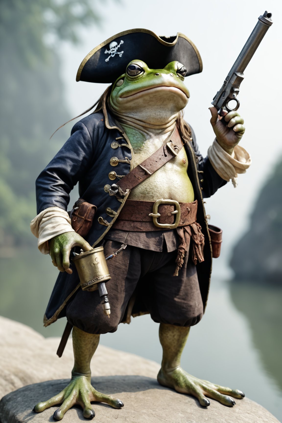 photo, a pirate frog, asian_mythology, holding a flint lock pistol 