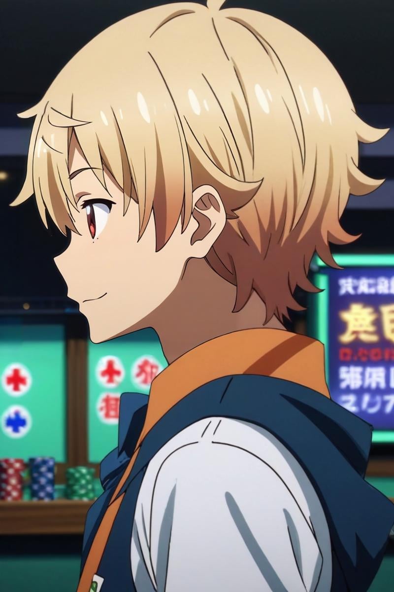 score_9, score_8_up, score_7_up, source_anime, rating_safe, , anime screencap, , official style, , depth of field, 1boy, solo, male focus, <lora:subaru_uchimaki_pony:0.98>, subaru_uchimaki, blonde hair, red eyes, short hair, from side, las vegas, casino, indoors, slouching, half-closed eyes, smile, ,, <lora:sdxl_lightning_8step_lora:1>