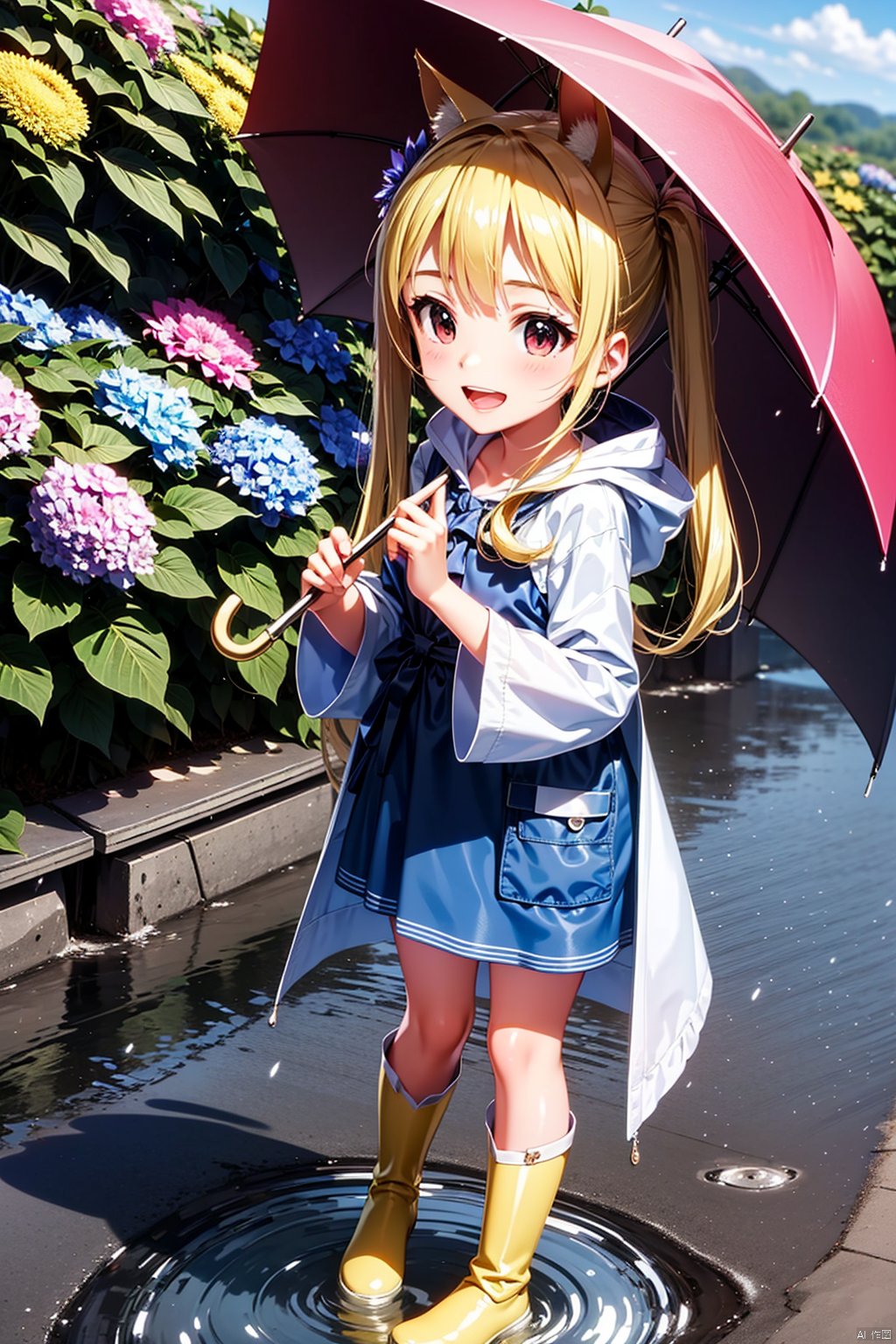 1girl,rainbow,raincoat,yellow raincoat,rubber boots,hydrangea,flower,long hair,twintails,boots,blush,umbrella,open mouth,hair ornament,white background,hood,solo,teruterubouzu,very long hair,hood up,long sleeves,low twintails,bow,bangs,smile,animal hood,blue eyes,rabbit,closed umbrella,puddle,full body,:d,snail,yellow footwear,simple background,pink flower,standing,leaf umbrella,holding umbrella,food-themed hair ornament,hair bow,animal ears,holding,blonde hair,hair flower,rain,animal,clpstyle,cuteloli